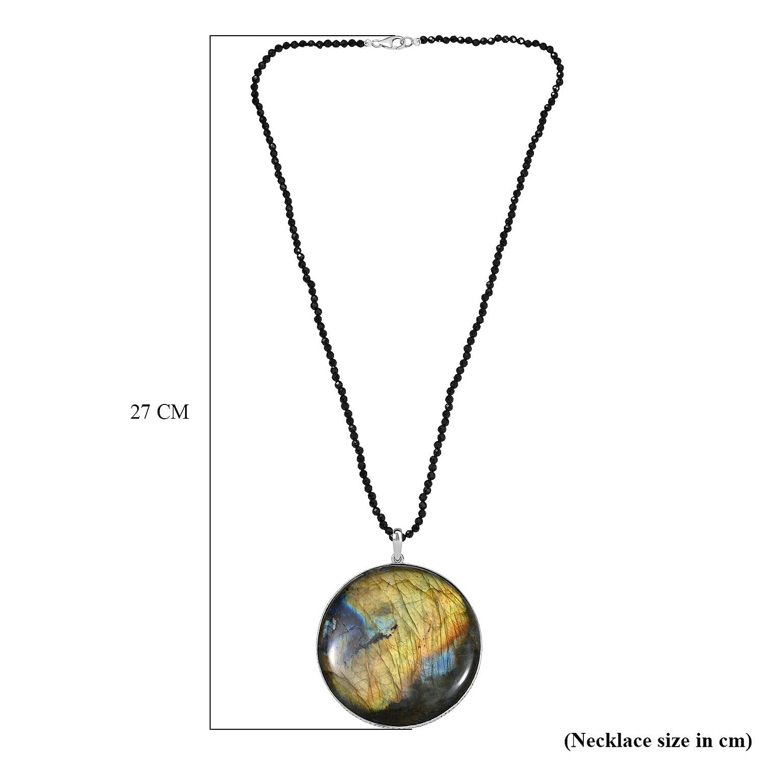 Labradorite Black Spinel Pendant with Beads Chain (Size 20) in Rhodium Overlay Sterling Silver 302.81 Ct, Silver Wt. 10.04 Gms. Labradorite Black Spinel Pendant with Beads Chain (Size 20) in Rhodium Overlay Sterling Silver 302.81 Ct, Silver Wt. 10.04 Gms.