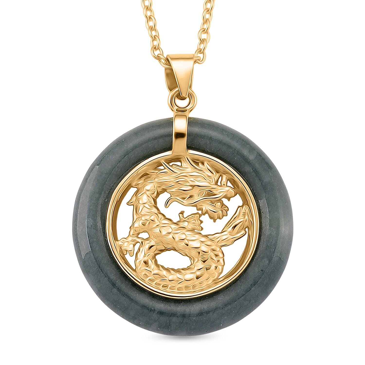 Natural Type A Jadeite Dragon Pendant with Chain (Size 20) in Yellow Gold Plating Sterling Silver 12.85 Ct, Silver Wt. 5.20 Gms.