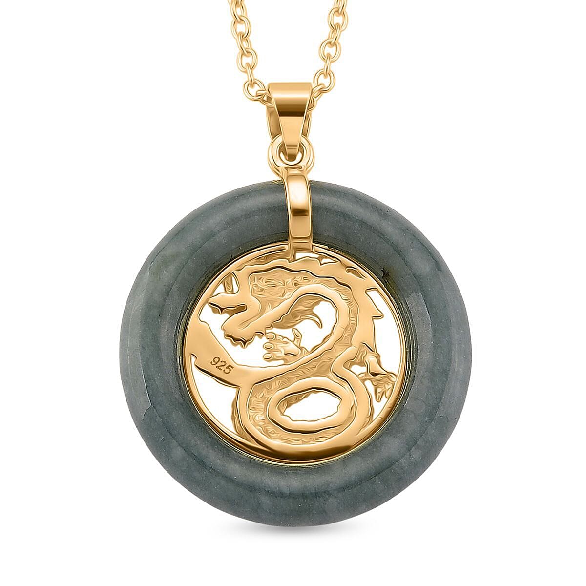 Natural Type A Jadeite Dragon Pendant with Chain (Size 20) in Yellow Gold Plating Sterling Silver 12.85 Ct, Silver Wt. 5.20 Gms.