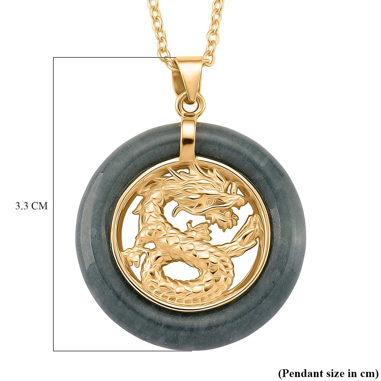 Natural Type A Jadeite Dragon Pendant with Chain (Size 20) in Yellow Gold Plating Sterling Silver 12.85 Ct, Silver Wt. 5.20 Gms.