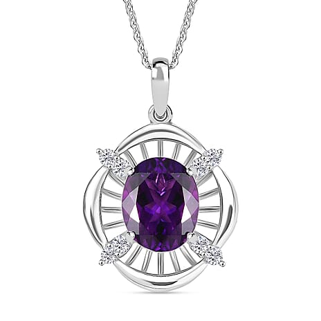 Moroccan Amethyst & White Zircon Pendant with Chain (Size 20) in Rhodium Overlay Sterling Silver 3.53 Ct.