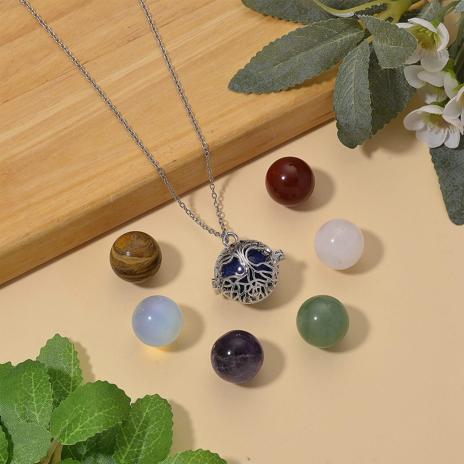 Lapis Lazuli, African Amethyst, Green Aventurine, Red Agate, Rose Quartz, Opalite & Yellow Tigers Eye Pendant with Chain (Size 20 - 2 Ext) with Lobster Clasp in Yellow Gold Plated 70.00 Ct.