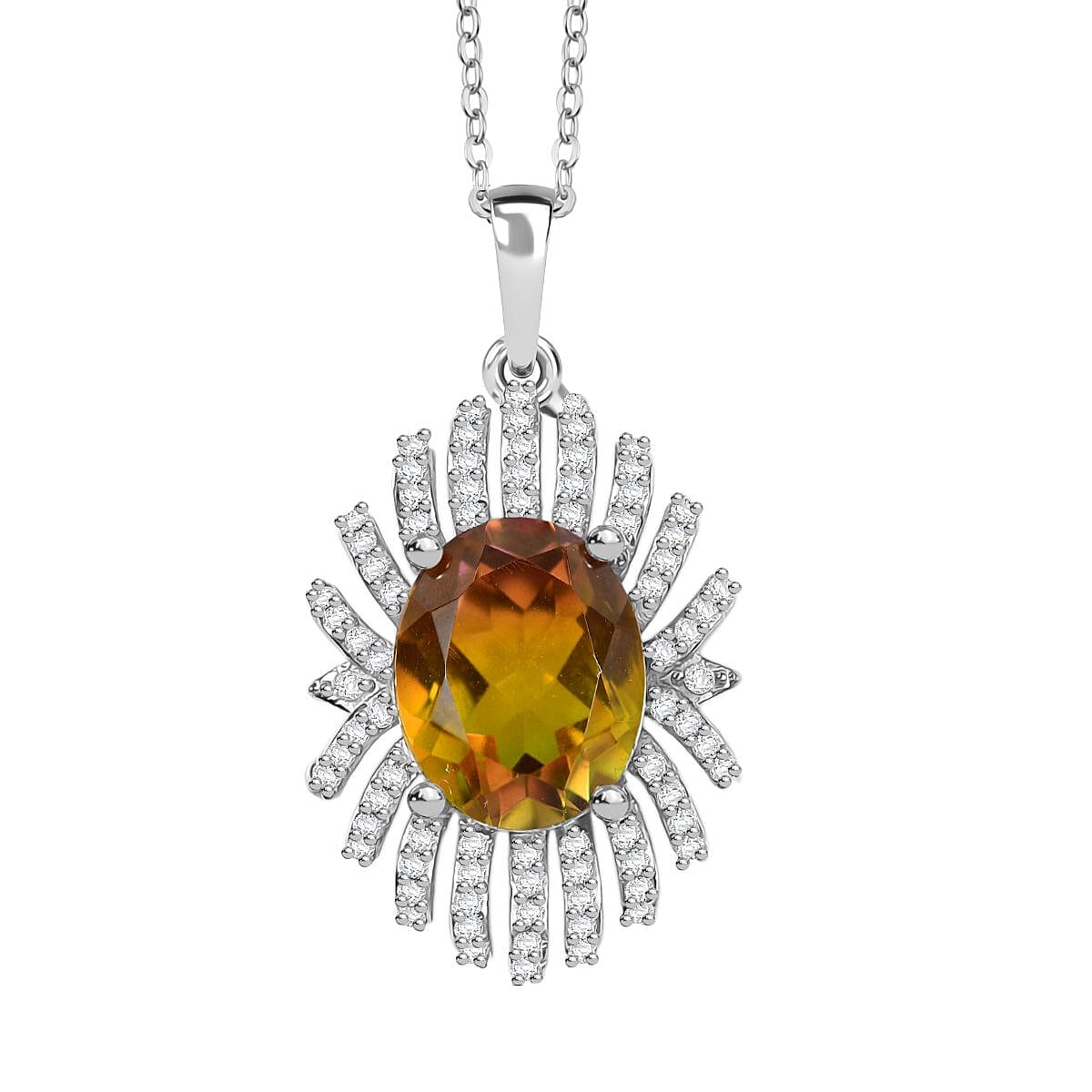D'joy Rainbow Genesis Quartz & White Zircon Sunburst Glow Pendant with Chain (Size 20) in Rhodium Overlay Sterling Silver 3.44 Ct.