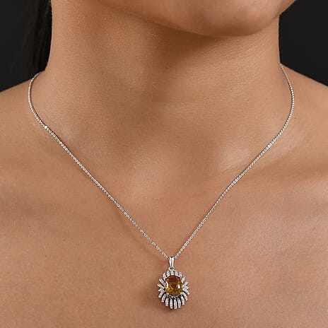 D'joy Rainbow Genesis Quartz & White Zircon Sunburst Glow Pendant with Chain (Size 20) in Rhodium Overlay Sterling Silver 3.44 Ct.