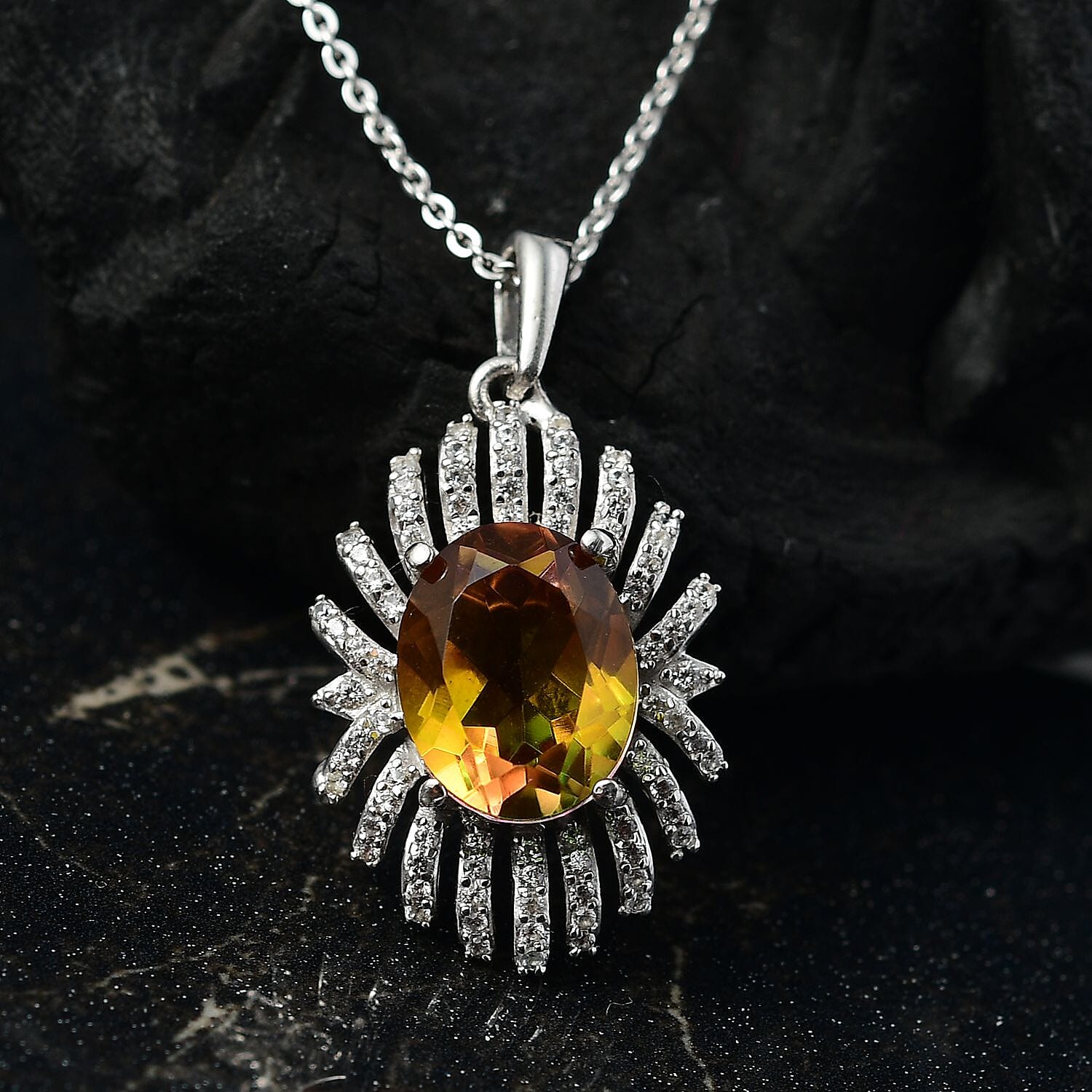 D'joy Rainbow Genesis Quartz & White Zircon Sunburst Glow Pendant with Chain (Size 20) in Rhodium Overlay Sterling Silver 3.44 Ct.