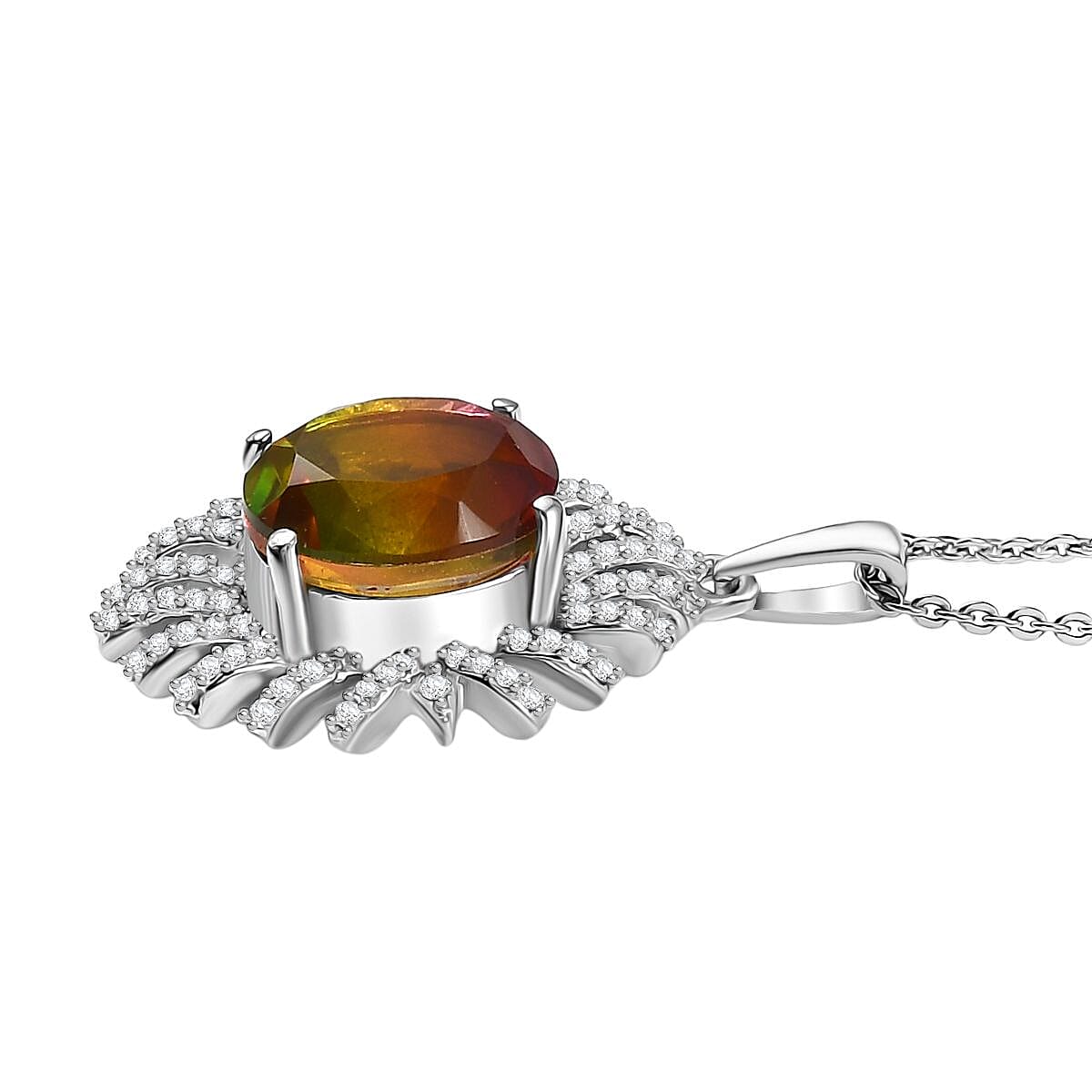 D'joy Rainbow Genesis Quartz & White Zircon Sunburst Glow Pendant with Chain (Size 20) in Rhodium Overlay Sterling Silver 3.44 Ct.