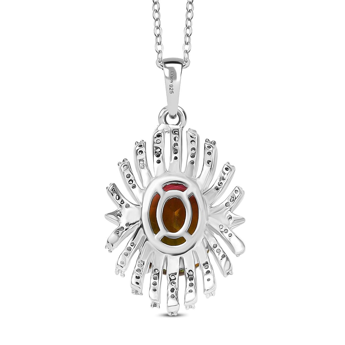 D'joy Rainbow Genesis Quartz & White Zircon Sunburst Glow Pendant with Chain (Size 20) in Rhodium Overlay Sterling Silver 3.44 Ct.