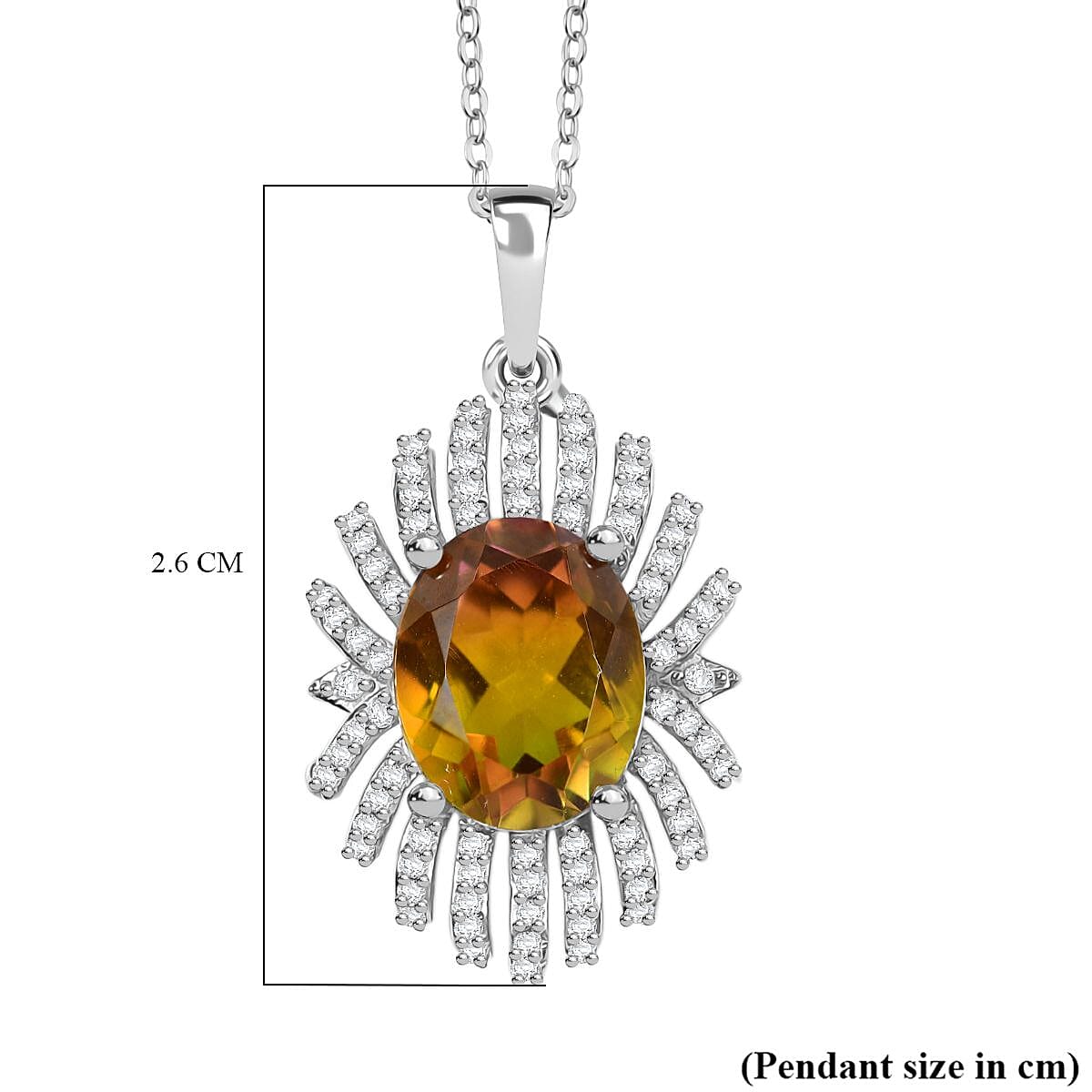 D'joy Rainbow Genesis Quartz & White Zircon Sunburst Glow Pendant with Chain (Size 20) in Rhodium Overlay Sterling Silver 3.44 Ct.