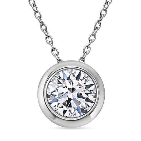LUXURIANT 1 Ct. Bezel-Set Lab Grown Diamond Solitaire Pendant with Chain (Size 18-20) in Rhodium Overlay Sterling Silver, SGL Certified