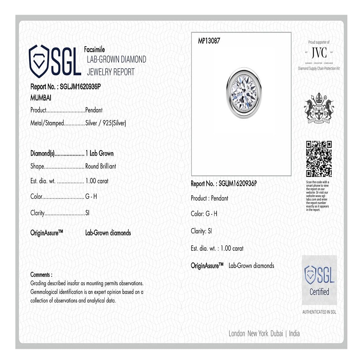 Luxuriant Diamond SGL Certified Lab Grown Diamond (SI-GH) Pendant with Chain (Size 18-20) in Rhodium Overlay Sterling Silver 1.00 Ct.