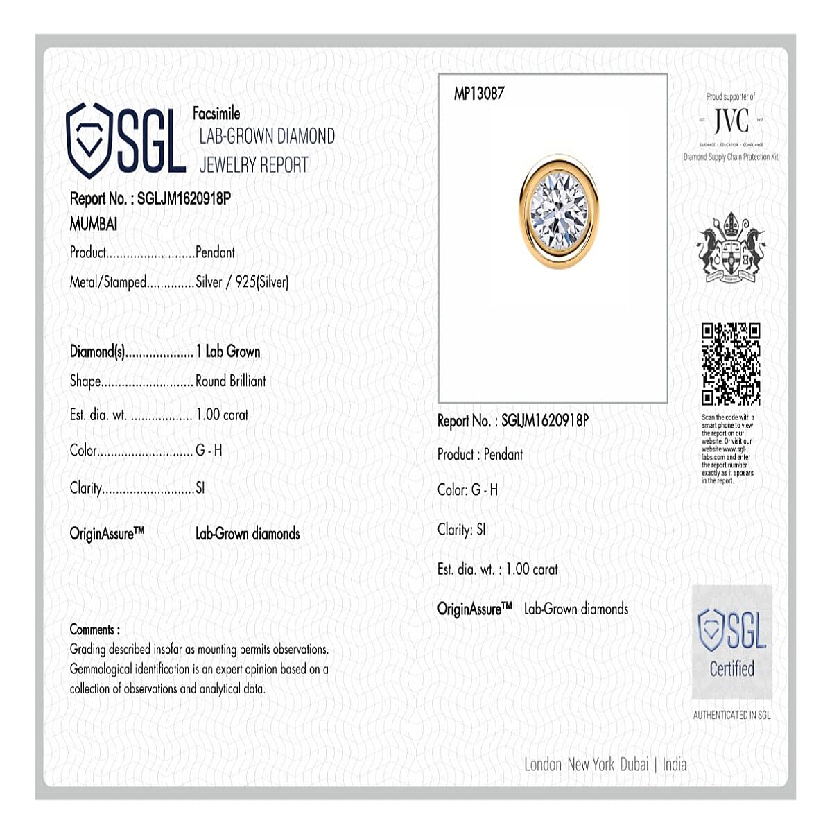 Luxuriant Diamond SGL Certified Lab Grown Diamond (SI-GH) Pendant with Chain (Size 18-20) in Vermeil Yellow Gold Plated Sterling Silver 1.00 Ct.