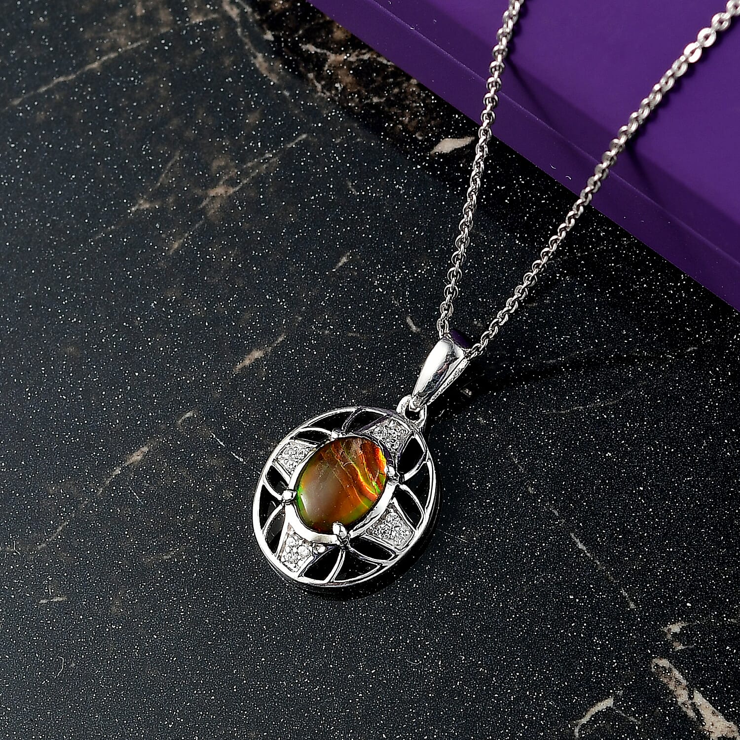 AA Ammolite & White Zircon Pendant with Chain (Size 20) in Rhodium Overlay Sterling Silver 1.49 Ct.