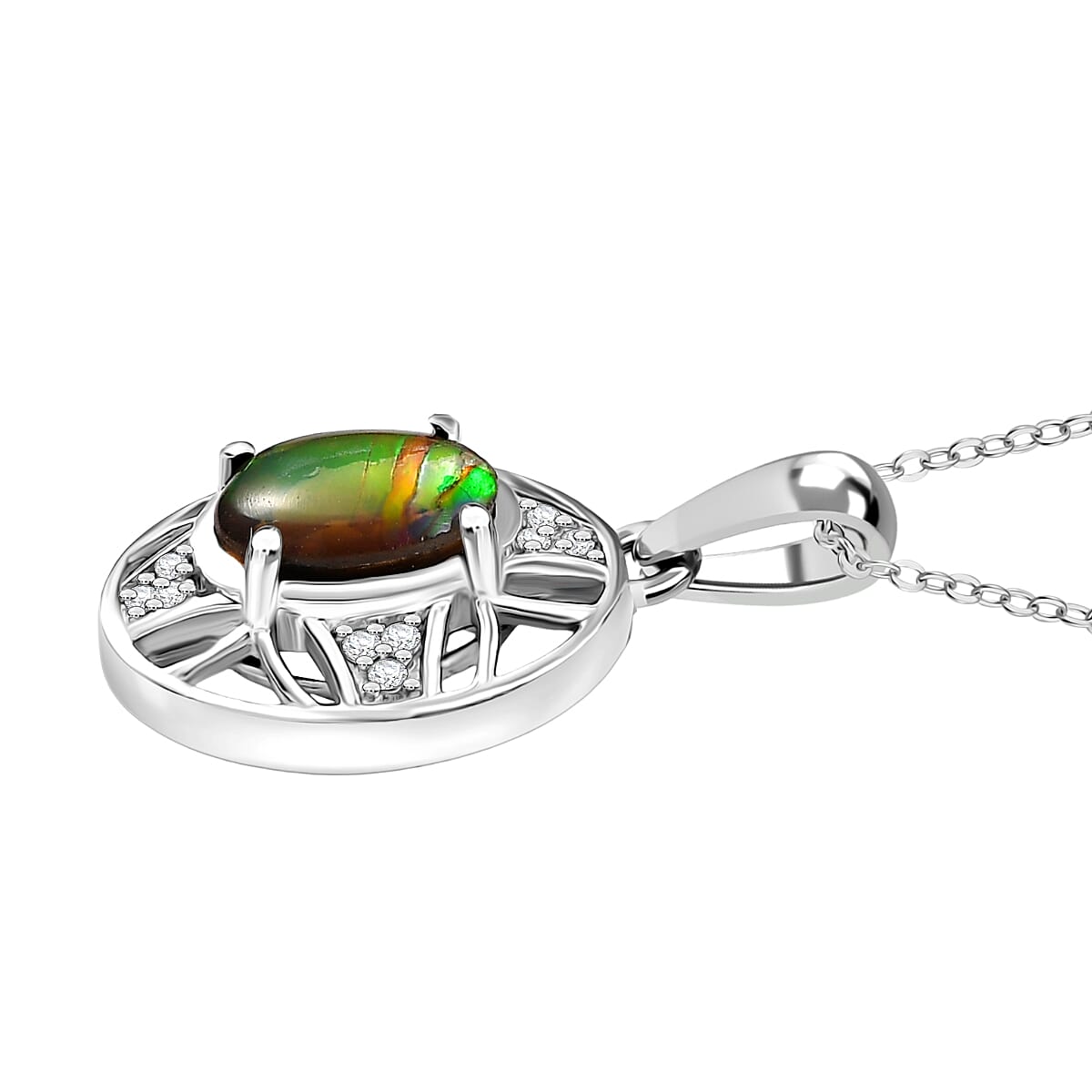 AA Ammolite & White Zircon Pendant with Chain (Size 20) in Rhodium Overlay Sterling Silver 1.49 Ct.