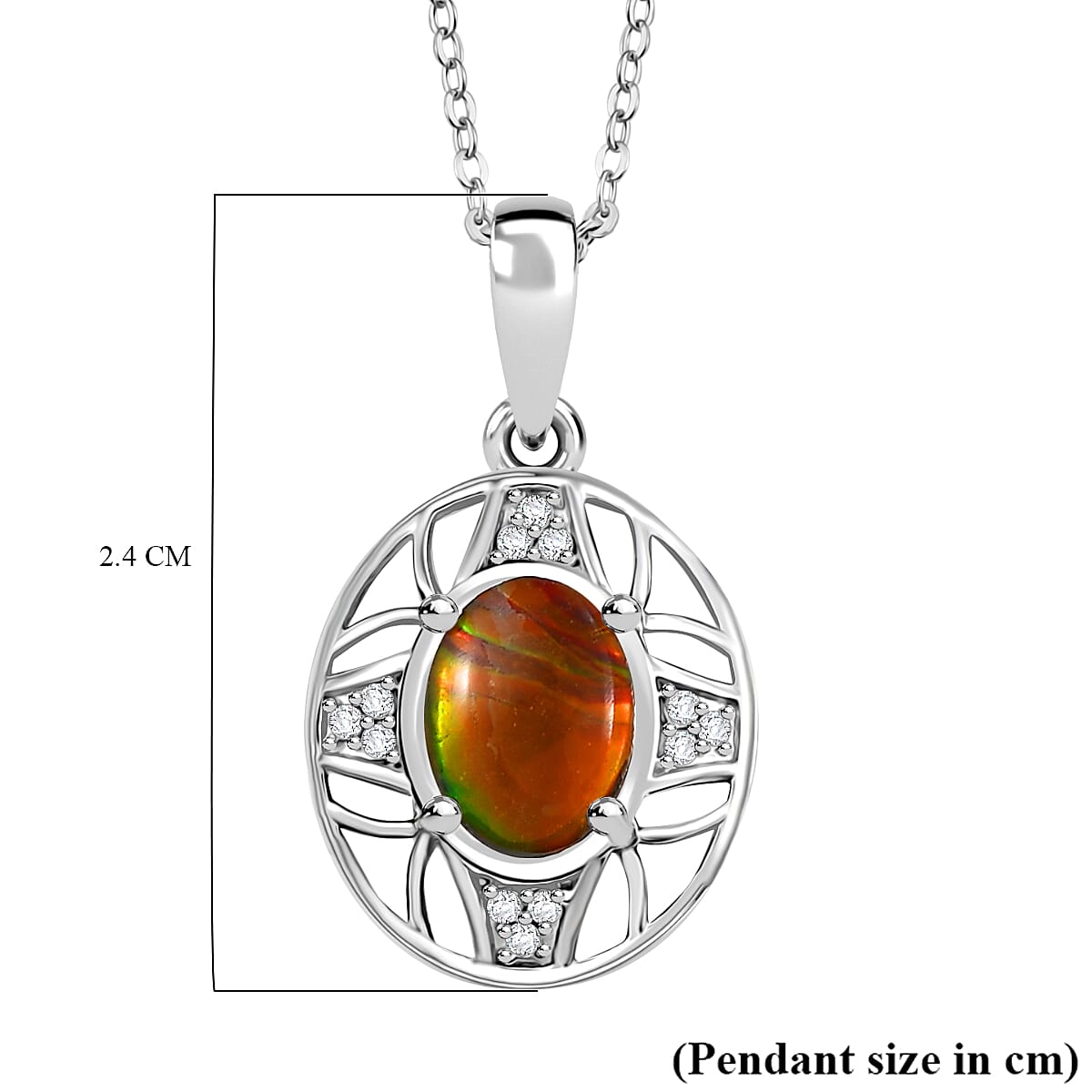 AA Ammolite & White Zircon Pendant with Chain (Size 20) in Rhodium Overlay Sterling Silver 1.49 Ct.