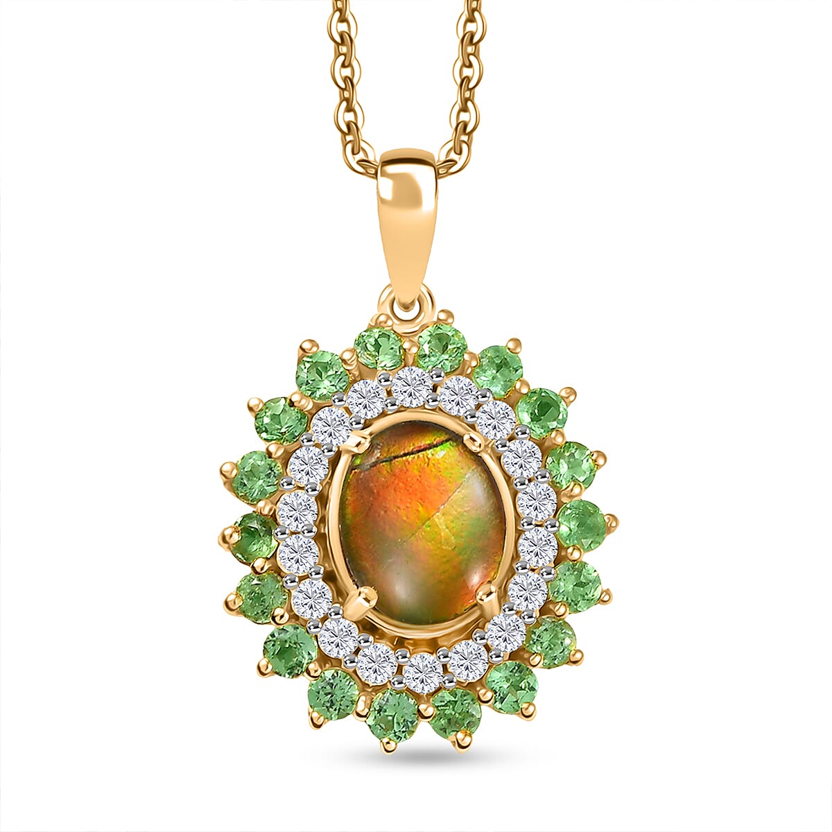 AA Ammolite, Tsavorite Garnet & White Zircon Pendant with Chain (Size 20) in 18K Vermeil Yellow Gold Sterling Silver 3.32 Ct, Silver Wt. 5.37 Gms.