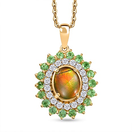AA Ammolite, Tsavorite Garnet & White Zircon Pendant with Chain (Size 20) in 18K Vermeil Yellow Gold Sterling Silver 3.32 Ct, Silver Wt. 5.37 Gms.