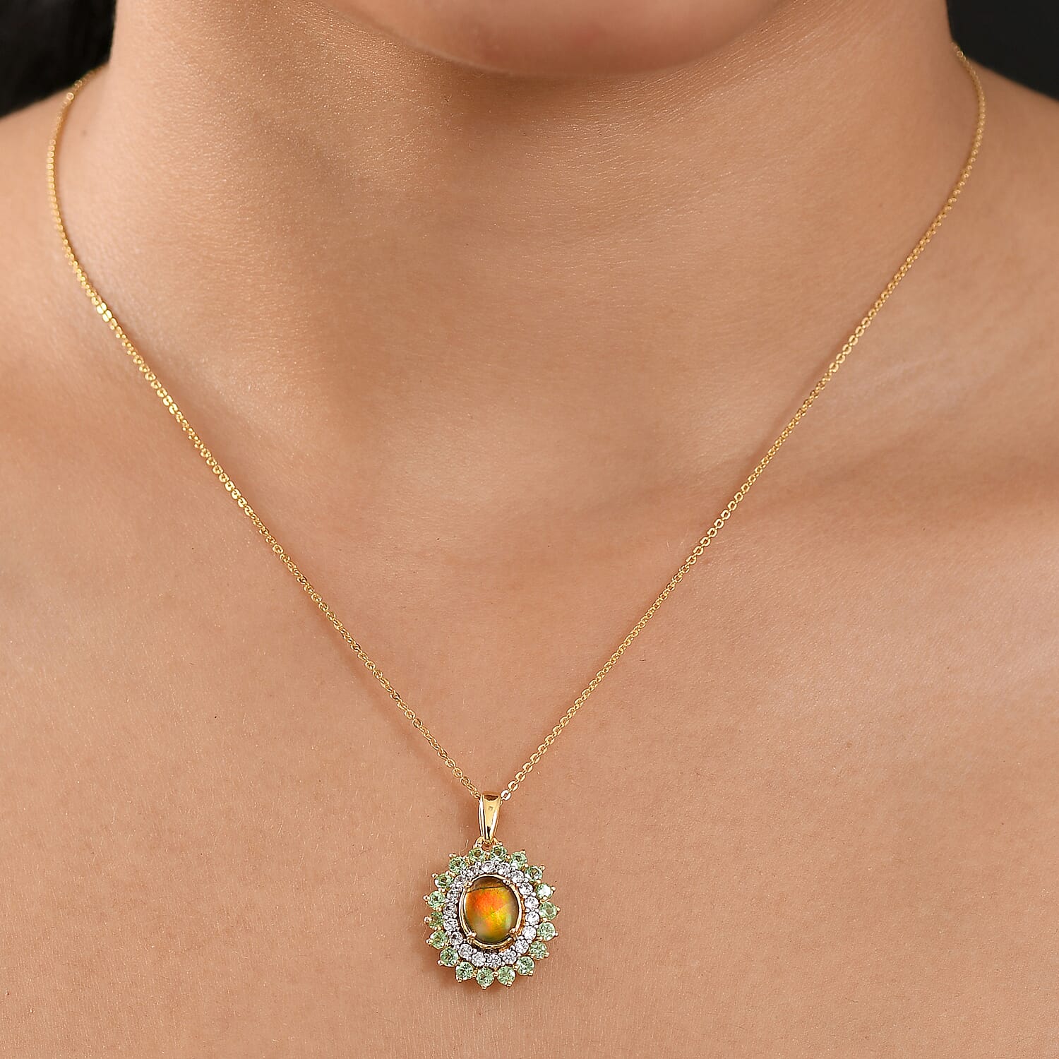 AA Ammolite, Tsavorite Garnet & White Zircon Pendant with Chain (Size 20) in 18K Vermeil Yellow Gold Sterling Silver 3.32 Ct, Silver Wt. 5.37 Gms.