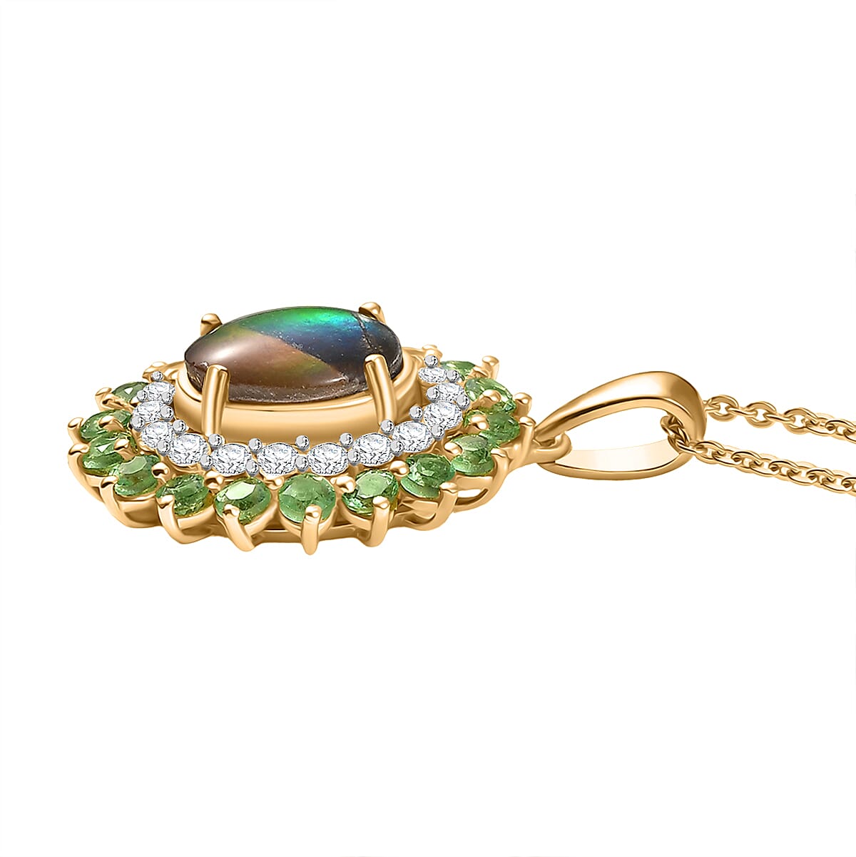 AA Ammolite, Tsavorite Garnet & White Zircon Pendant with Chain (Size 20) in 18K Vermeil Yellow Gold Sterling Silver 3.32 Ct, Silver Wt. 5.37 Gms.