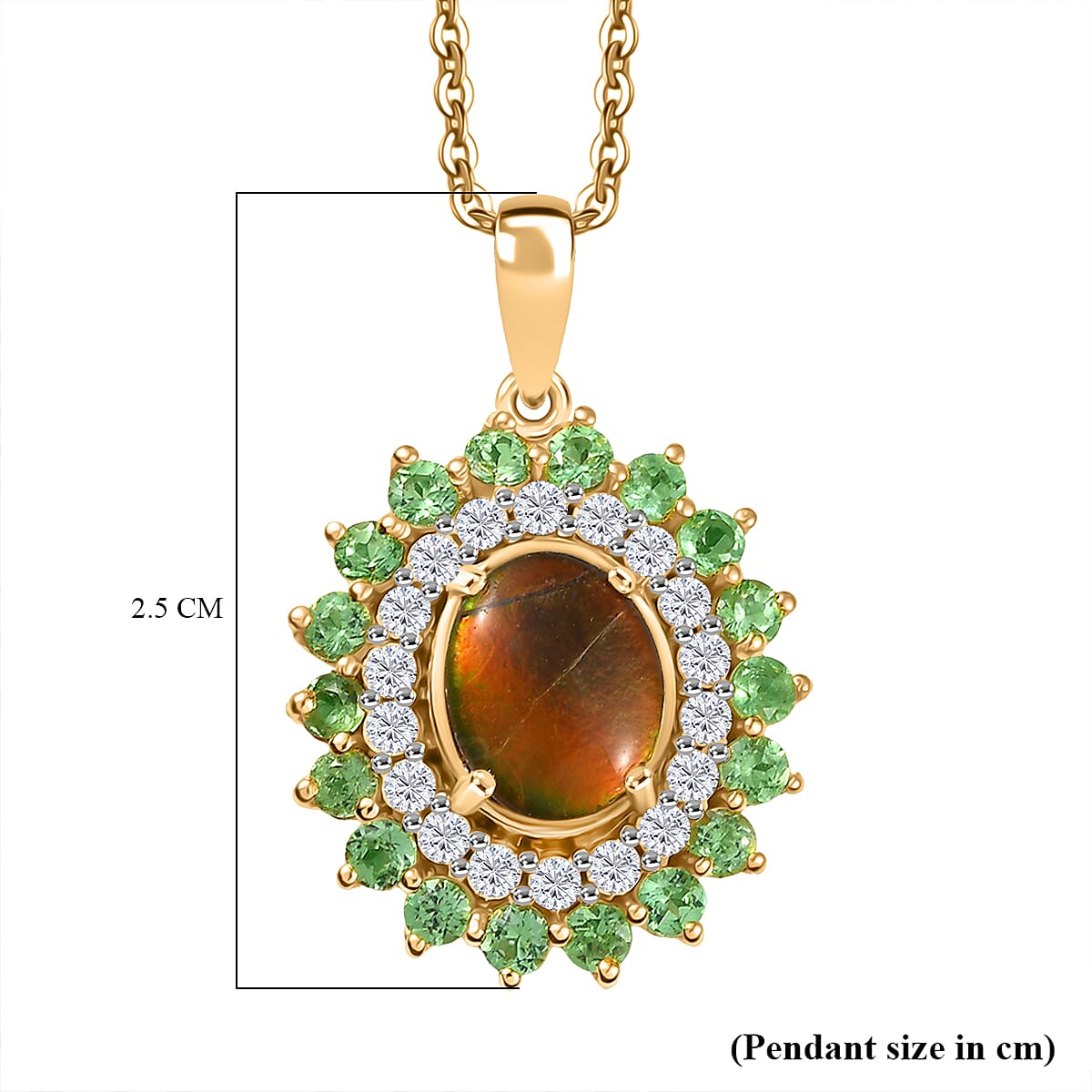 AA Ammolite, Tsavorite Garnet & White Zircon Pendant with Chain (Size 20) in 18K Vermeil Yellow Gold Sterling Silver 3.32 Ct, Silver Wt. 5.37 Gms.