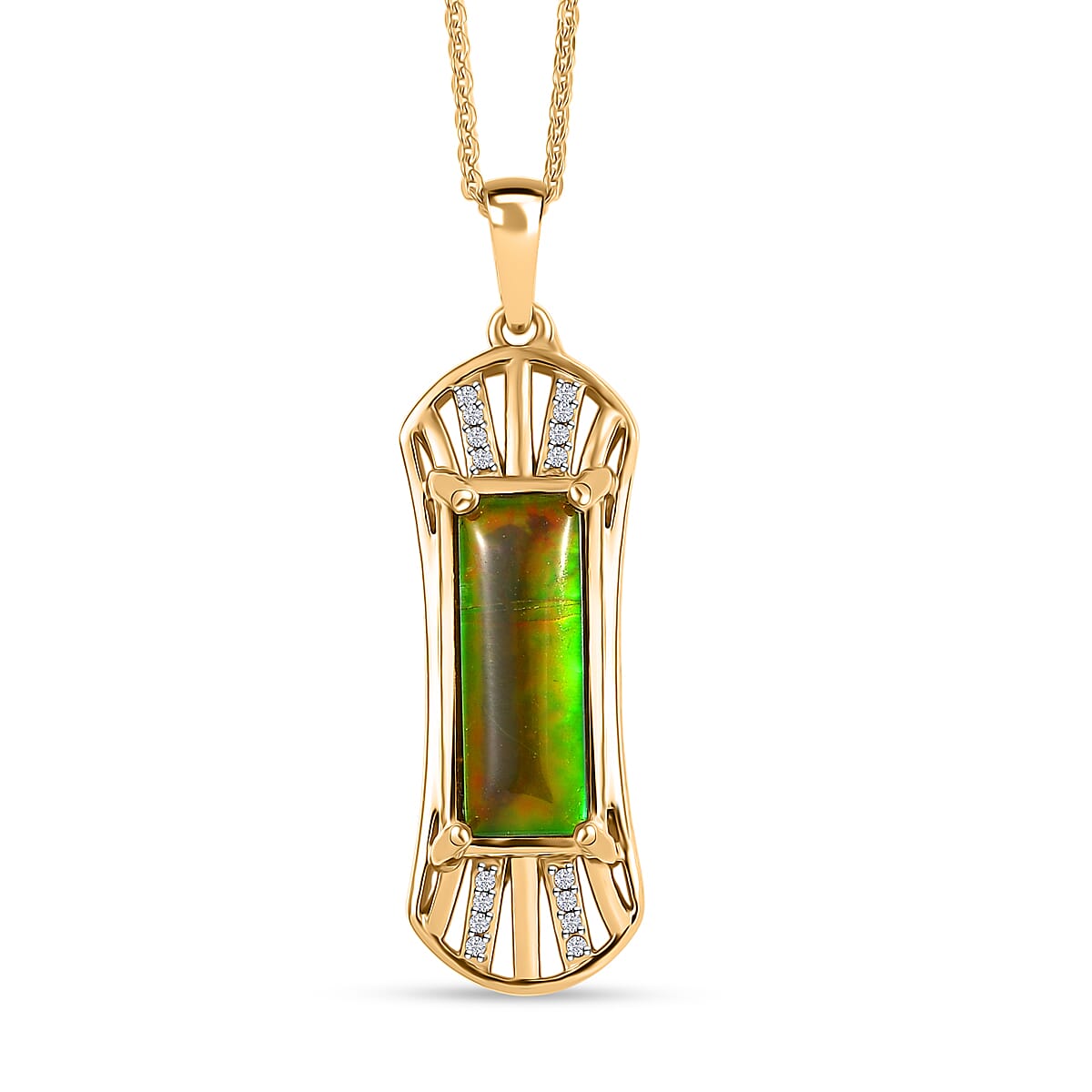 AA Ammolite & White Zircon Pendant with Chain (Size 20) in 18K Vermeil Yellow Gold Sterling Silver 3.96 Ct, Silver Wt. 5.43 Gms.
