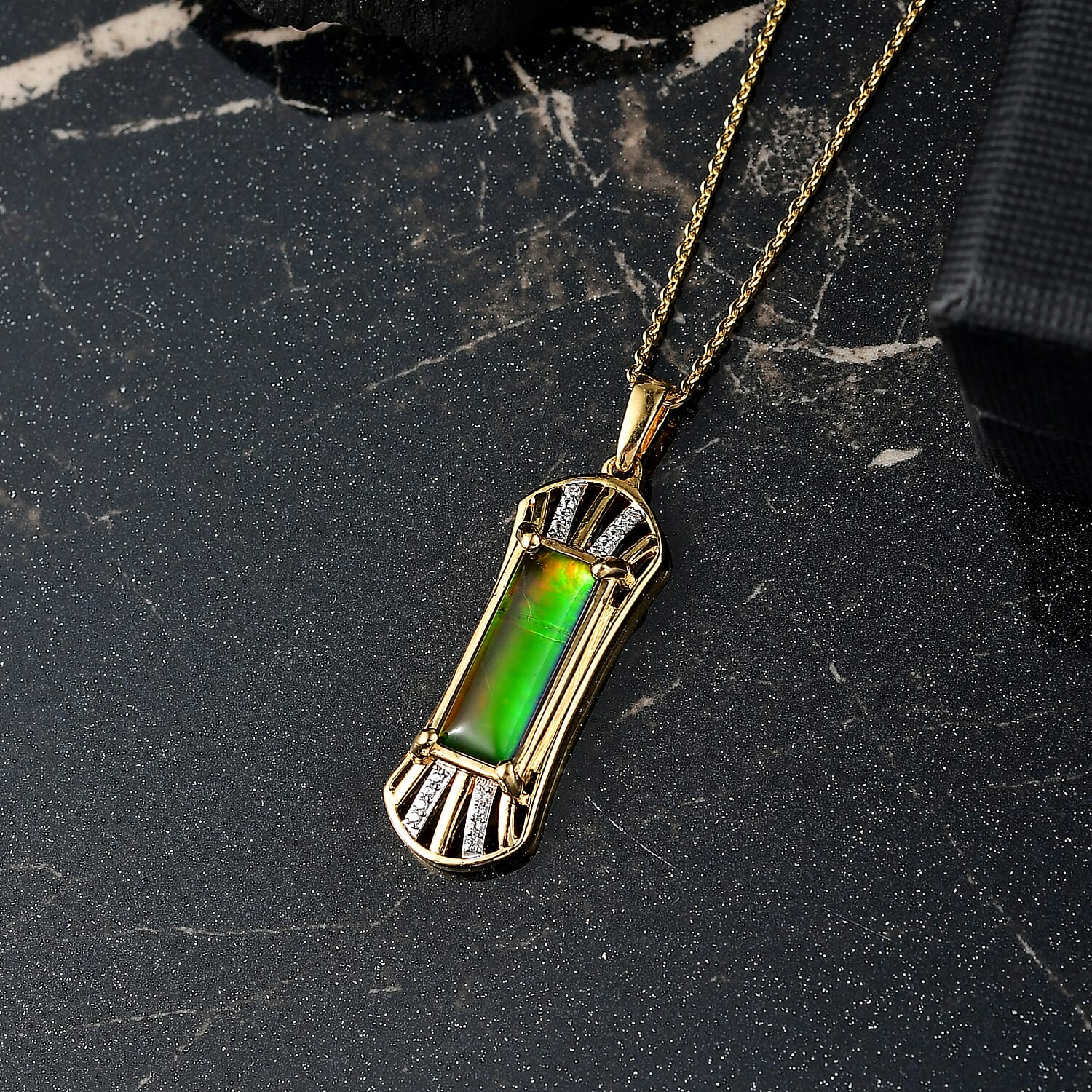 AA Ammolite & White Zircon Pendant with Chain (Size 20) in 18K Vermeil Yellow Gold Sterling Silver 3.96 Ct, Silver Wt. 5.43 Gms.