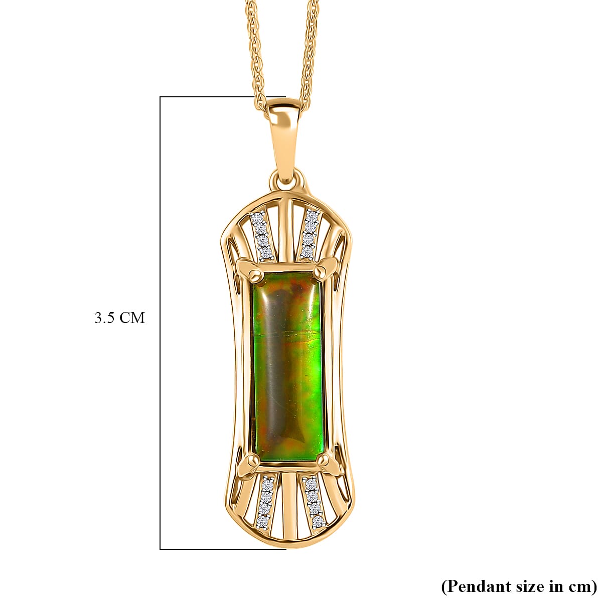 AA Ammolite & White Zircon Pendant with Chain (Size 20) in 18K Vermeil Yellow Gold Sterling Silver 3.96 Ct, Silver Wt. 5.43 Gms.