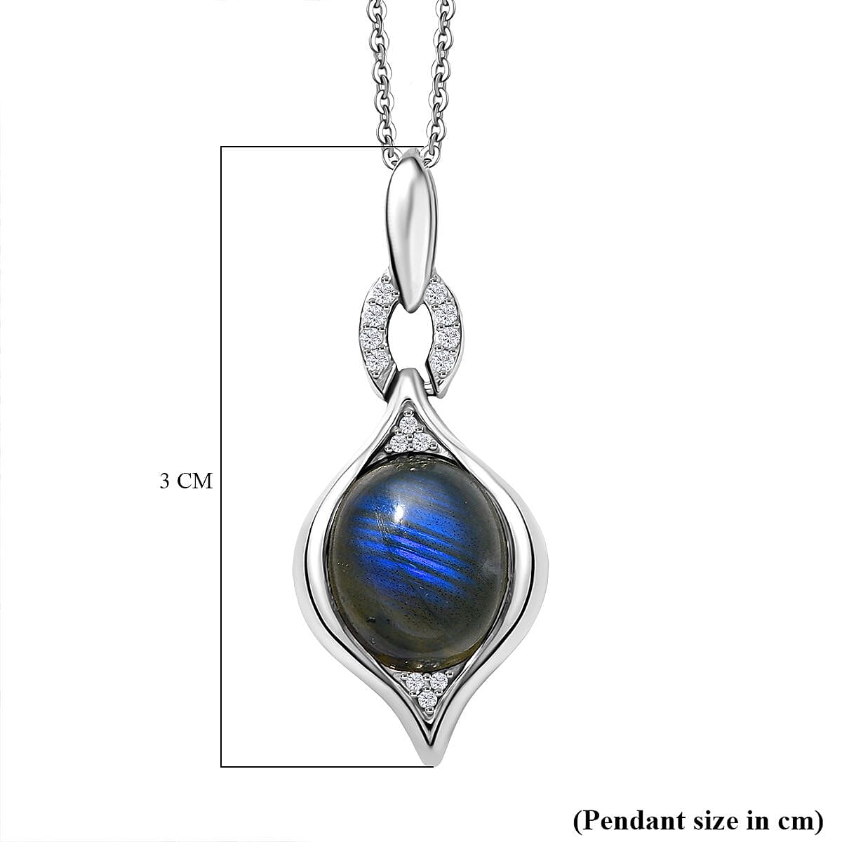 Labradorite, White Zircon Pendant with Chain (Size 20) in Rhodium Overlay Sterling Silver 0.14 ct 3.390 Ct. Labradorite, White Zircon Pendant with Chain (Size 20) in Rhodium Overlay Sterling Silver 0.14 ct 3.390 Ct.