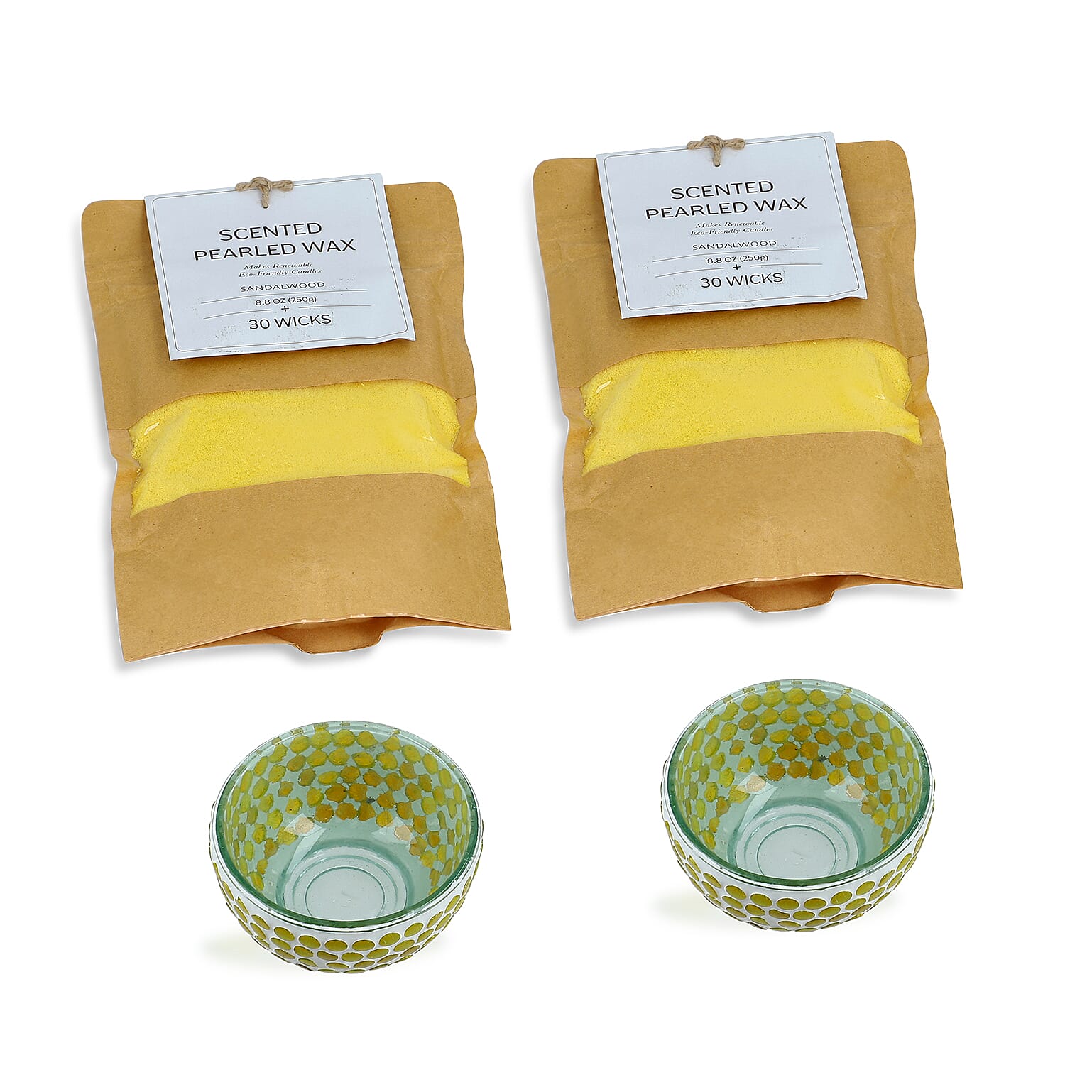 Candle Making Kit - 100% Plant-Based Pearled Wax, 30 Wicks, 2 Mosaic Bowls & Sandalwood Fragrance