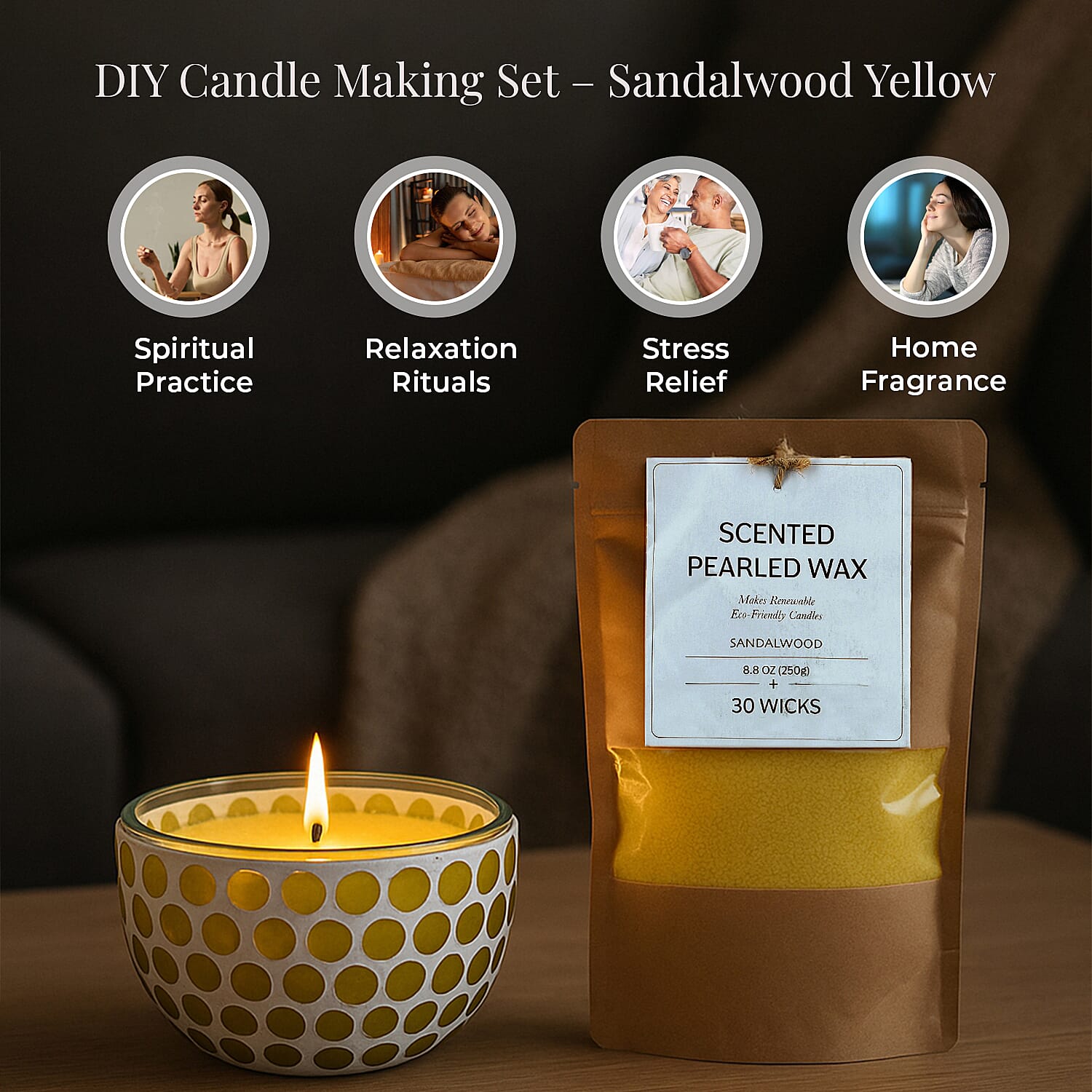 Candle Making Kit - 100% Plant-Based Pearled Wax, 30 Wicks, 2 Mosaic Bowls & Sandalwood Fragrance