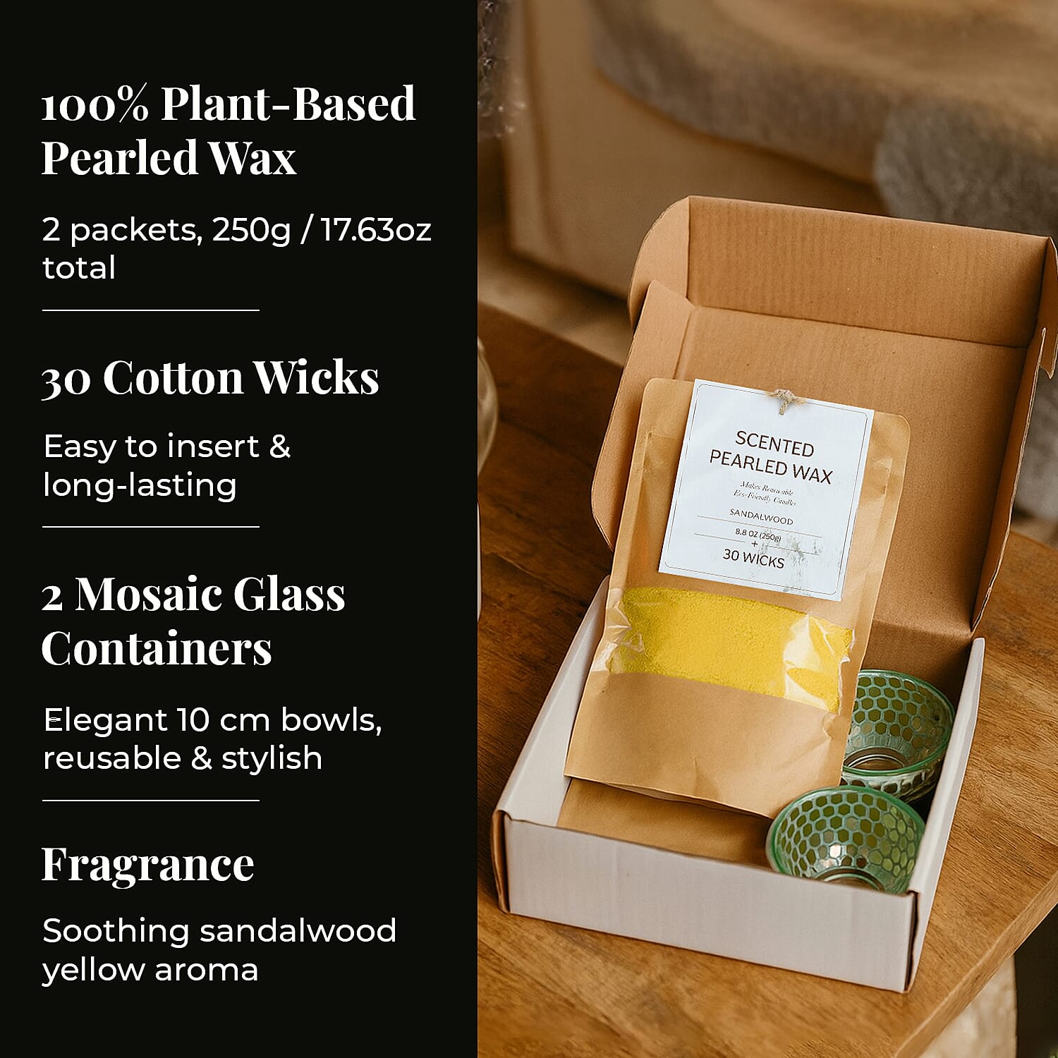 Candle Making Kit - 100% Plant-Based Pearled Wax, 30 Wicks, 2 Mosaic Bowls & Sandalwood Fragrance