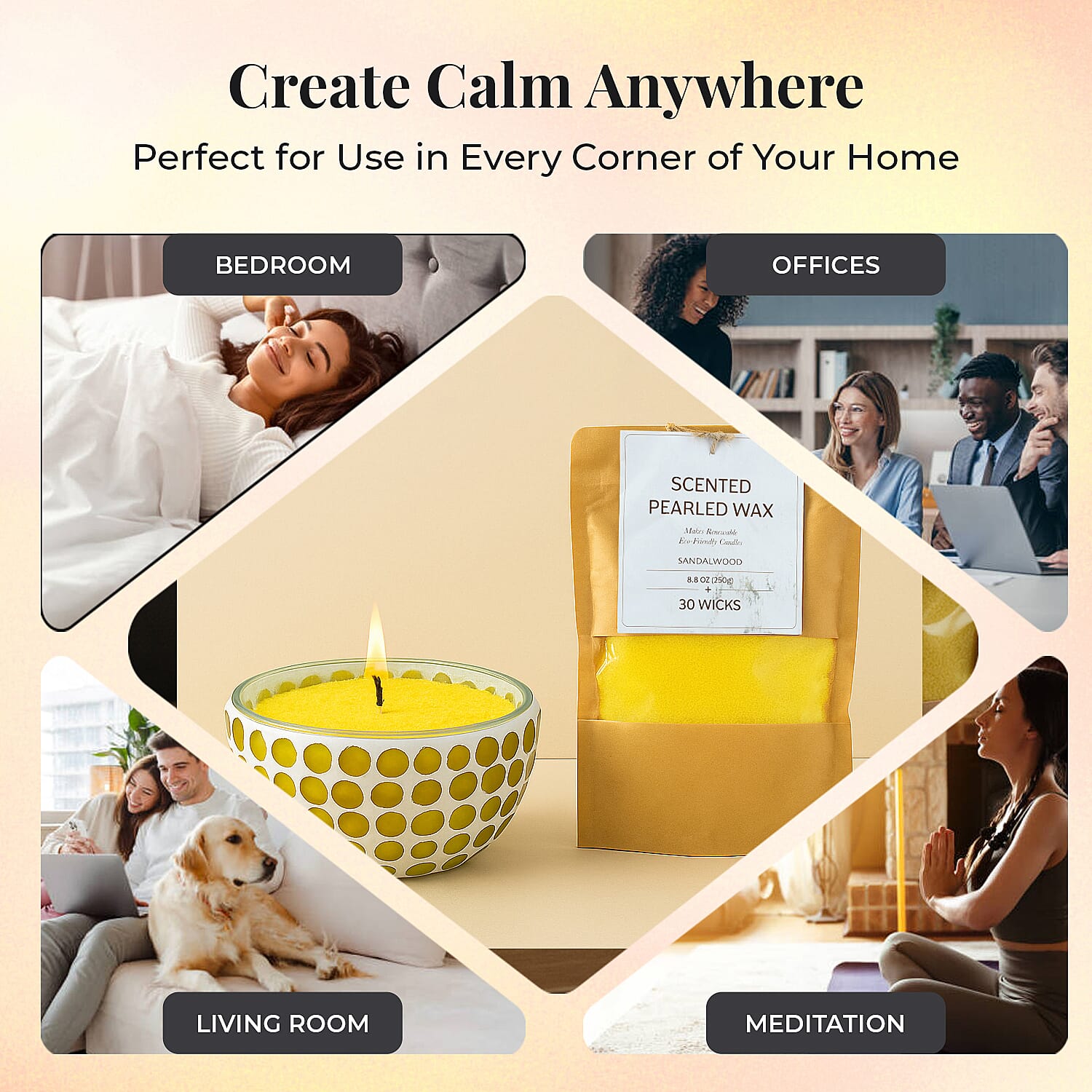 Candle Making Kit - 100% Plant-Based Pearled Wax, 30 Wicks, 2 Mosaic Bowls & Sandalwood Fragrance