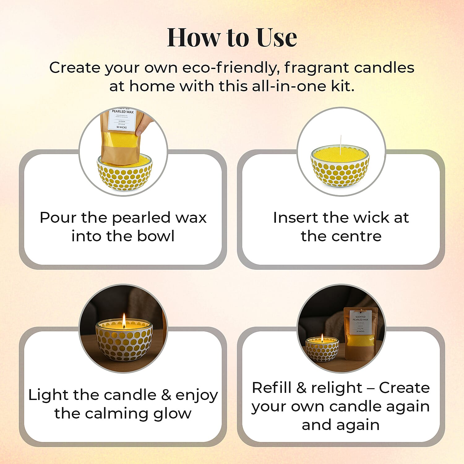 Candle Making Kit - 100% Plant-Based Pearled Wax, 30 Wicks, 2 Mosaic Bowls & Sandalwood Fragrance