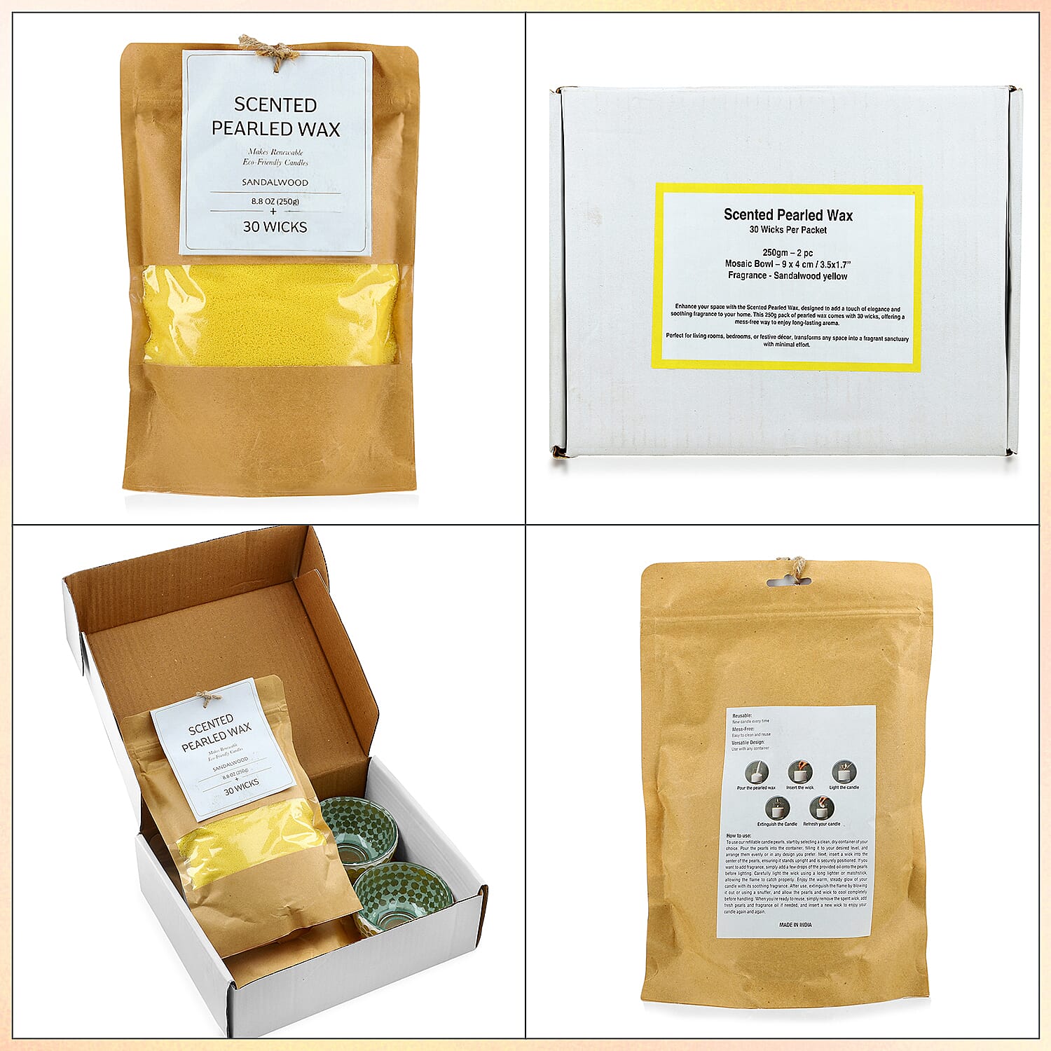Candle Making Kit - 100% Plant-Based Pearled Wax, 30 Wicks, 2 Mosaic Bowls & Sandalwood Fragrance