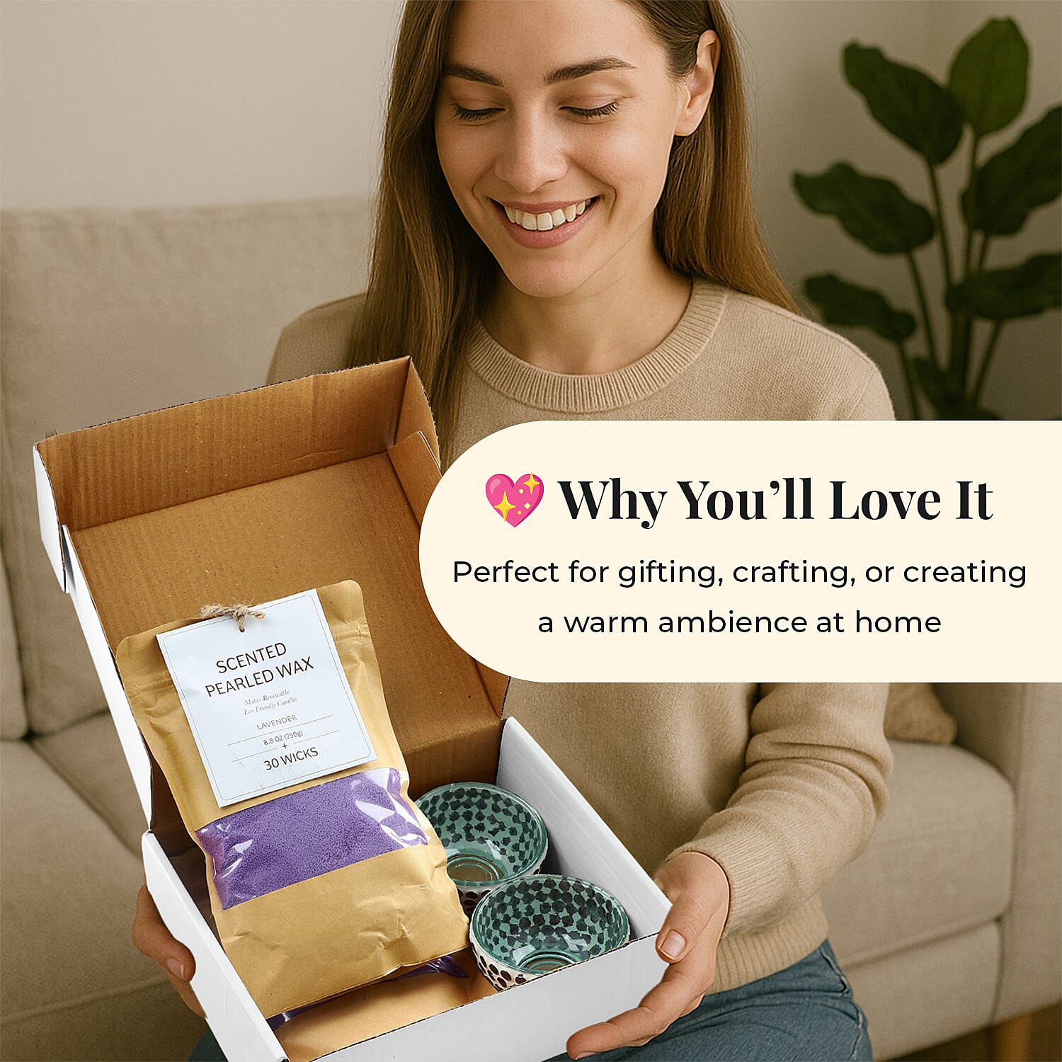 Candle Making Kit - 100% Plant-Based Pearled Wax, 30 Wicks, 2 Mosaic Bowls & Lavender Fragrance