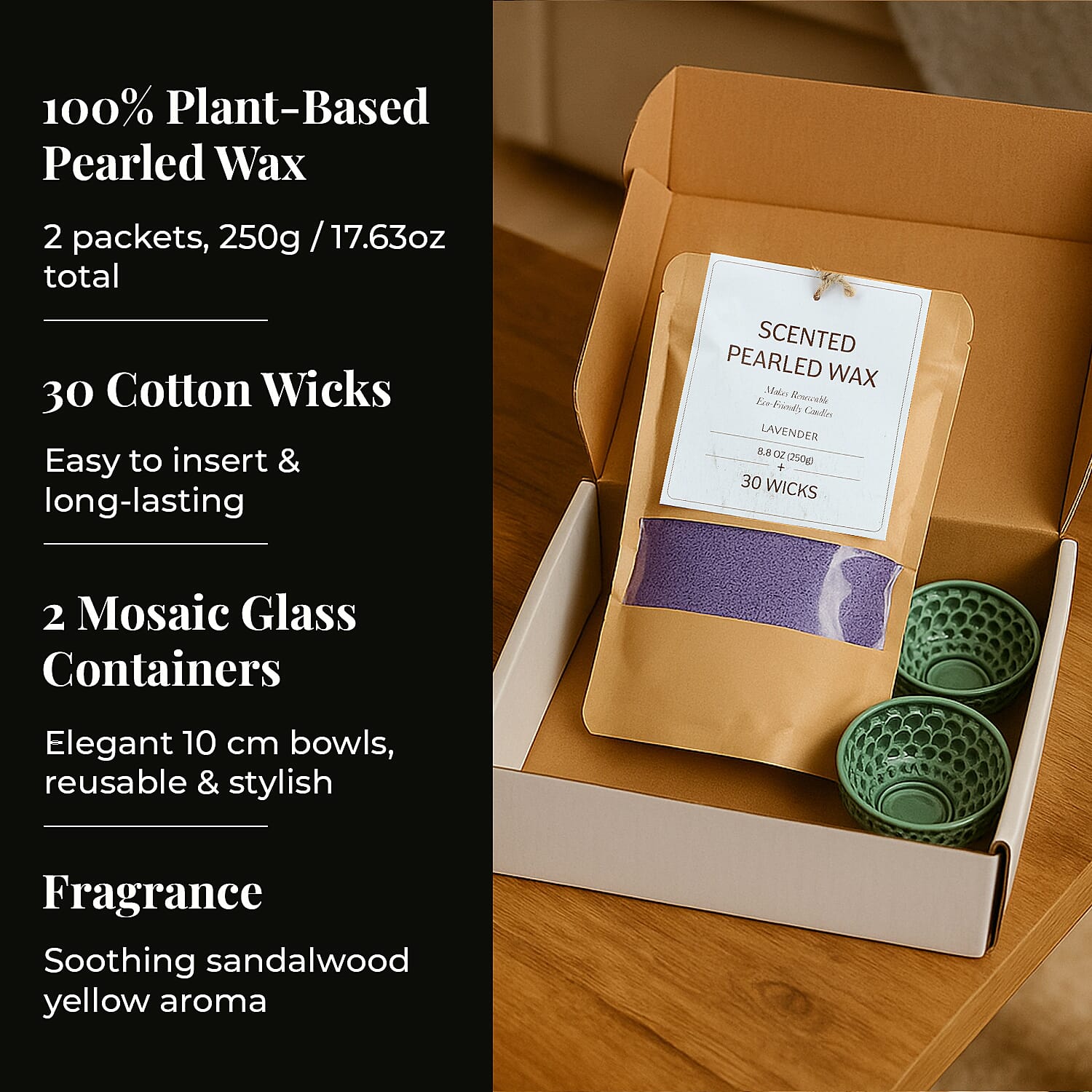 Candle Making Kit - 100% Plant-Based Pearled Wax, 30 Wicks, 2 Mosaic Bowls & Lavender Fragrance