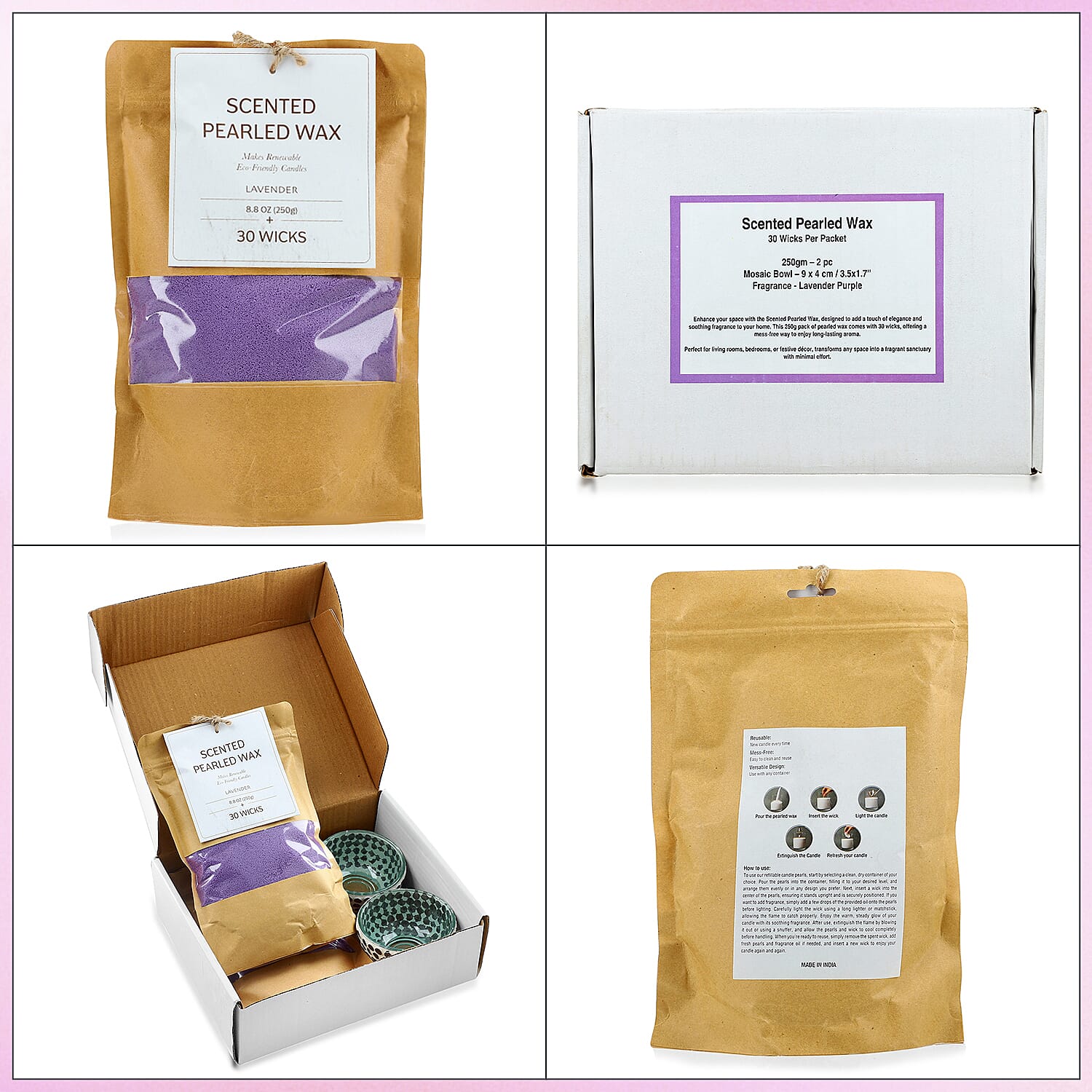 Candle Making Kit - 100% Plant-Based Pearled Wax, 30 Wicks, 2 Mosaic Bowls & Lavender Fragrance