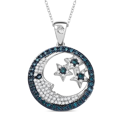 GP Celestial Collection - Blue Diamond, Kanchanaburi Blue Sapphire & White Diamond Moon & Star Pendant with Chain (Size 20) in Rhodium Overlay Sterling Silver