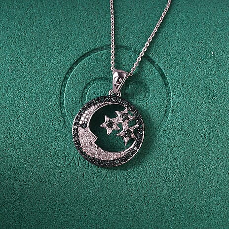 GP Celestial Collection - Blue Diamond, Kanchanaburi Blue Sapphire & White Diamond Moon & Star Pendant with Chain (Size 20) in Rhodium Overlay Sterling Silver