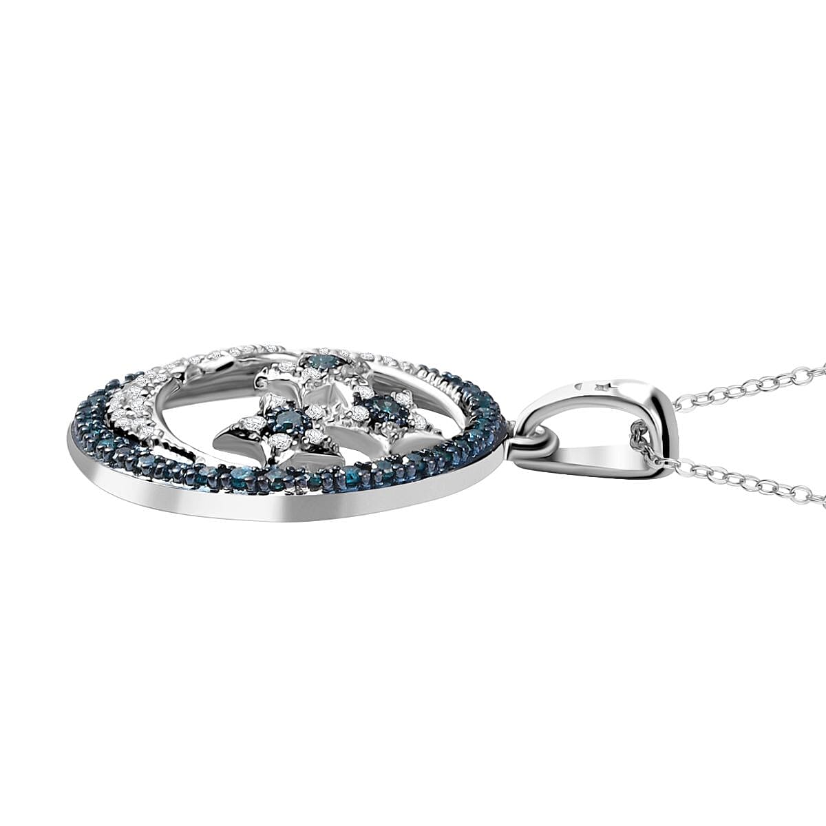 GP Celestial Collection - Blue Diamond, Kanchanaburi Blue Sapphire & White Diamond Moon & Star Pendant with Chain (Size 20) in Rhodium Overlay Sterling Silver GP Celestial Collection - Blue Diamond, Kanchanaburi Blue Sapphire & White Diamond Moon & Star Pendant with Chain (Size 20) in Rhodium Overlay Sterling Silver