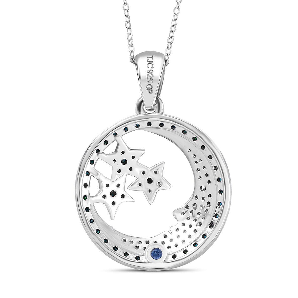 GP Celestial Collection - Blue Diamond, Kanchanaburi Blue Sapphire & White Diamond Moon & Star Pendant with Chain (Size 20) in Rhodium Overlay Sterling Silver GP Celestial Collection - Blue Diamond, Kanchanaburi Blue Sapphire & White Diamond Moon & Star Pendant with Chain (Size 20) in Rhodium Overlay Sterling Silver