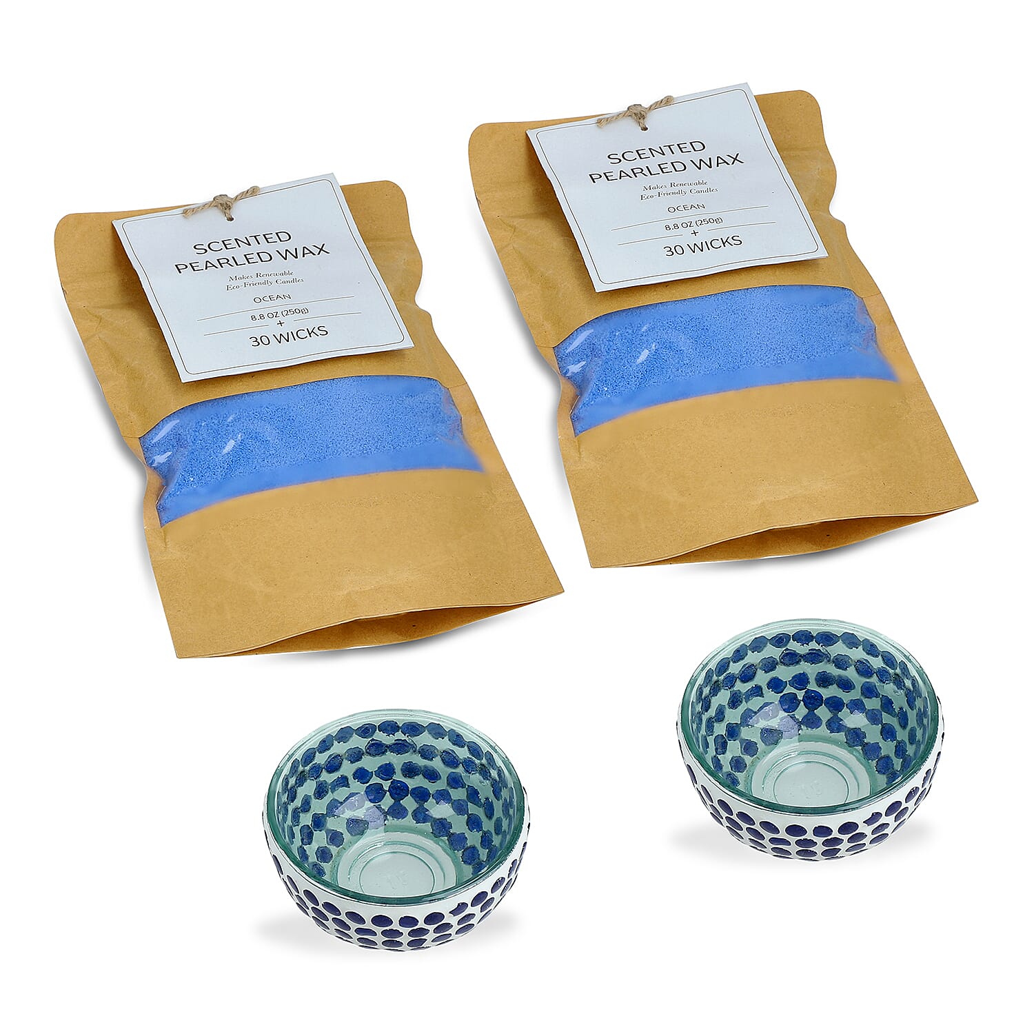Candle Making Kit - 100% Plant-Based Pearled Wax, 30 Wicks, 2 Mosaic Bowls & Ocean Fragrance