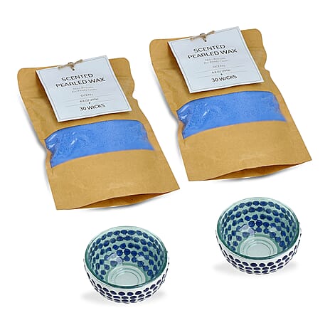 Candle Making Kit - 100% Plant-Based Pearled Wax, 30 Wicks, 2 Mosaic Bowls & Ocean Fragrance