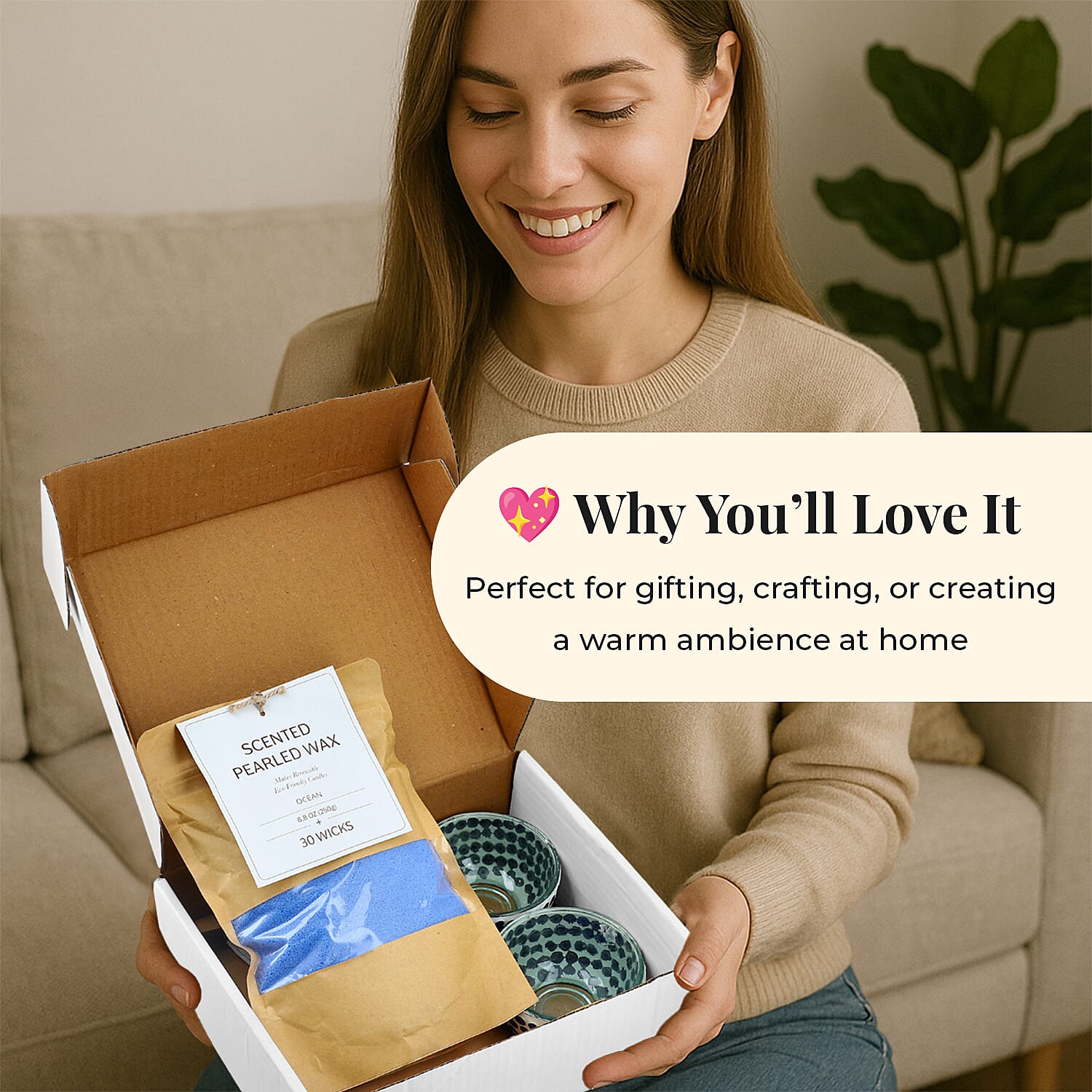 Candle Making Kit - 100% Plant-Based Pearled Wax, 30 Wicks, 2 Mosaic Bowls & Ocean Fragrance