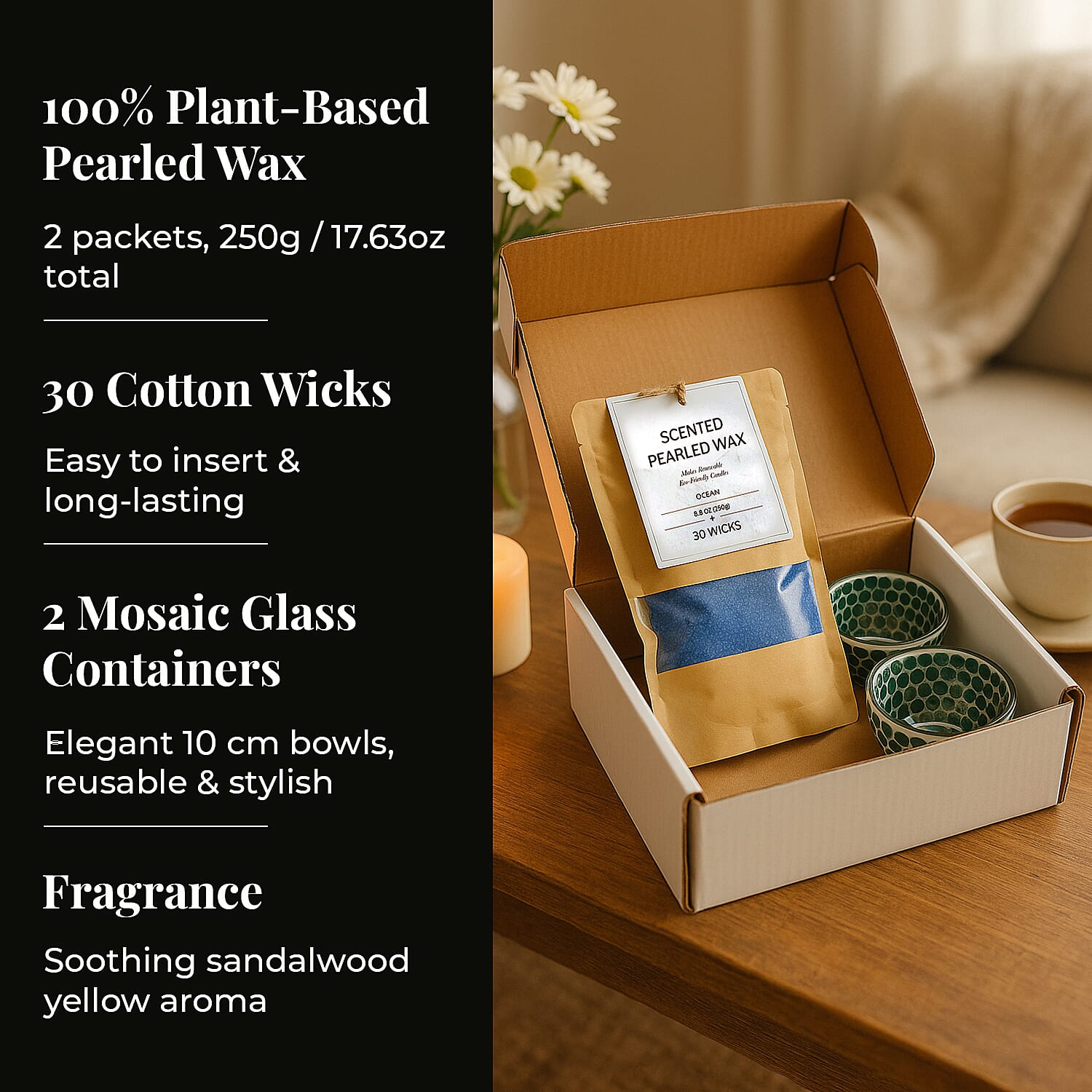 Candle Making Kit - 100% Plant-Based Pearled Wax, 30 Wicks, 2 Mosaic Bowls & Ocean Fragrance