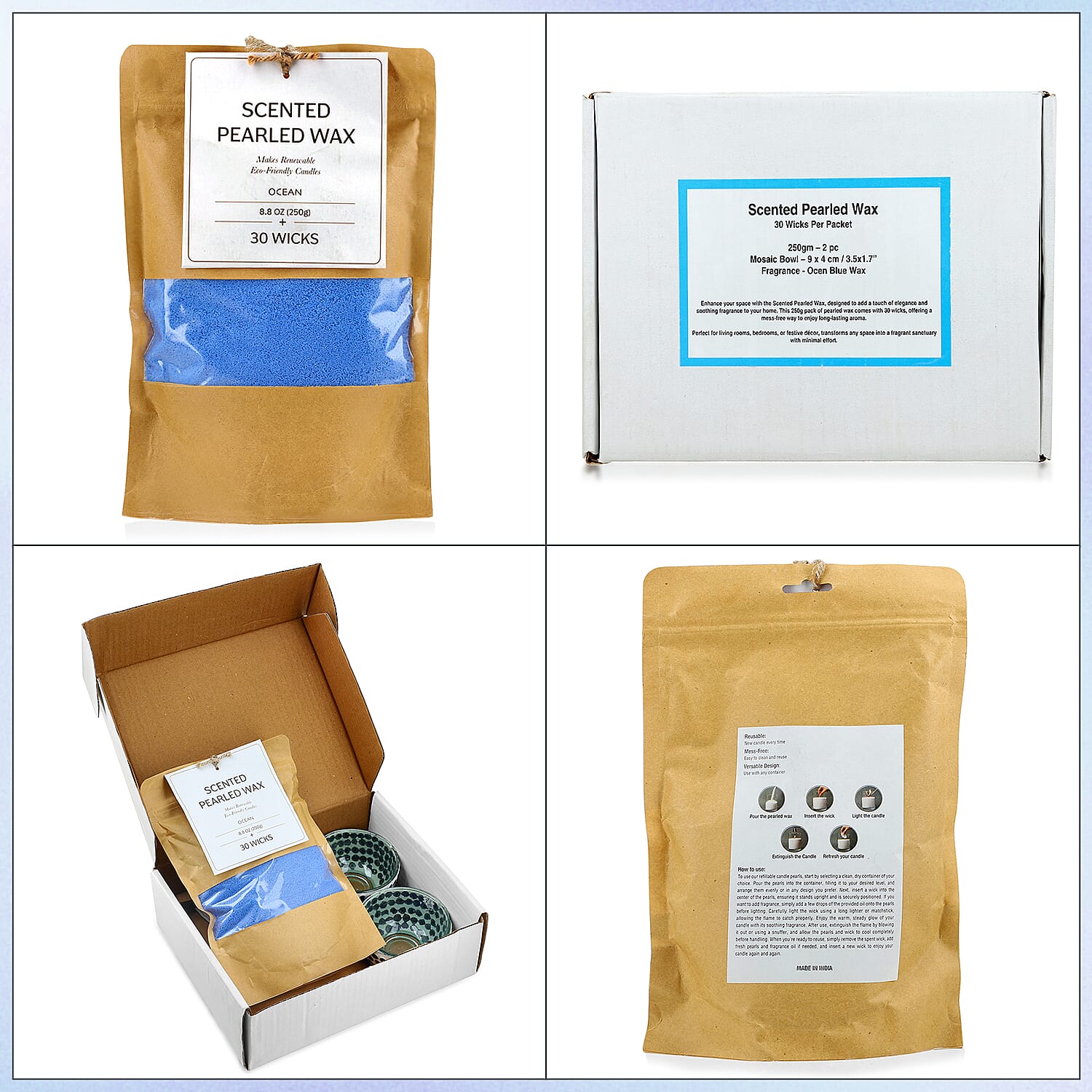 Candle Making Kit - 100% Plant-Based Pearled Wax, 30 Wicks, 2 Mosaic Bowls & Ocean Fragrance