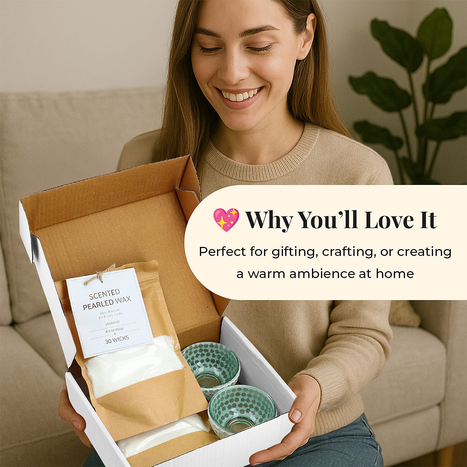 Candle Making Kit - 100% Plant-Based Pearled Wax, 30 Wicks, 2 Mosaic Bowls & Jasmine Fragrance