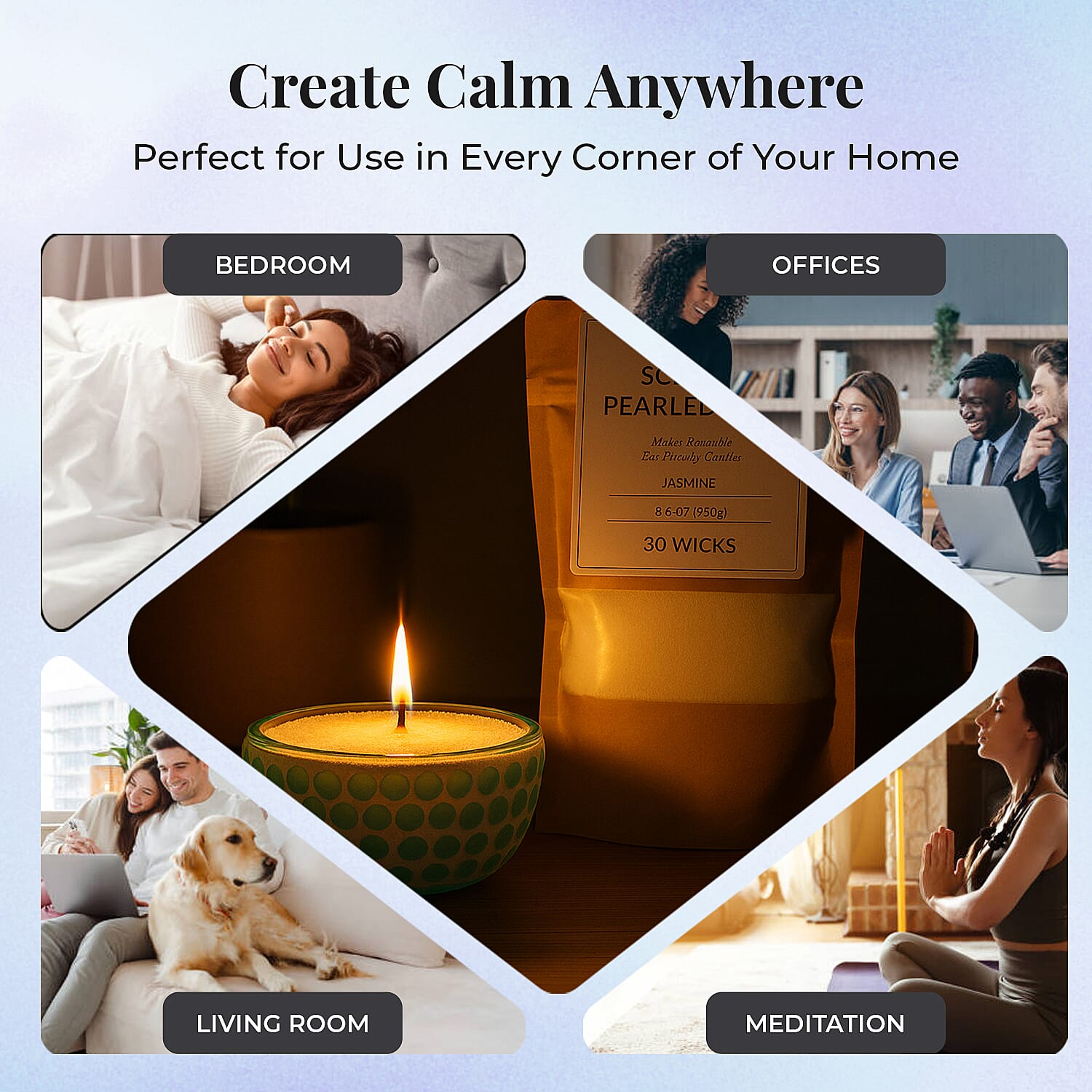 Candle Making Kit - 100% Plant-Based Pearled Wax, 30 Wicks, 2 Mosaic Bowls & Jasmine Fragrance