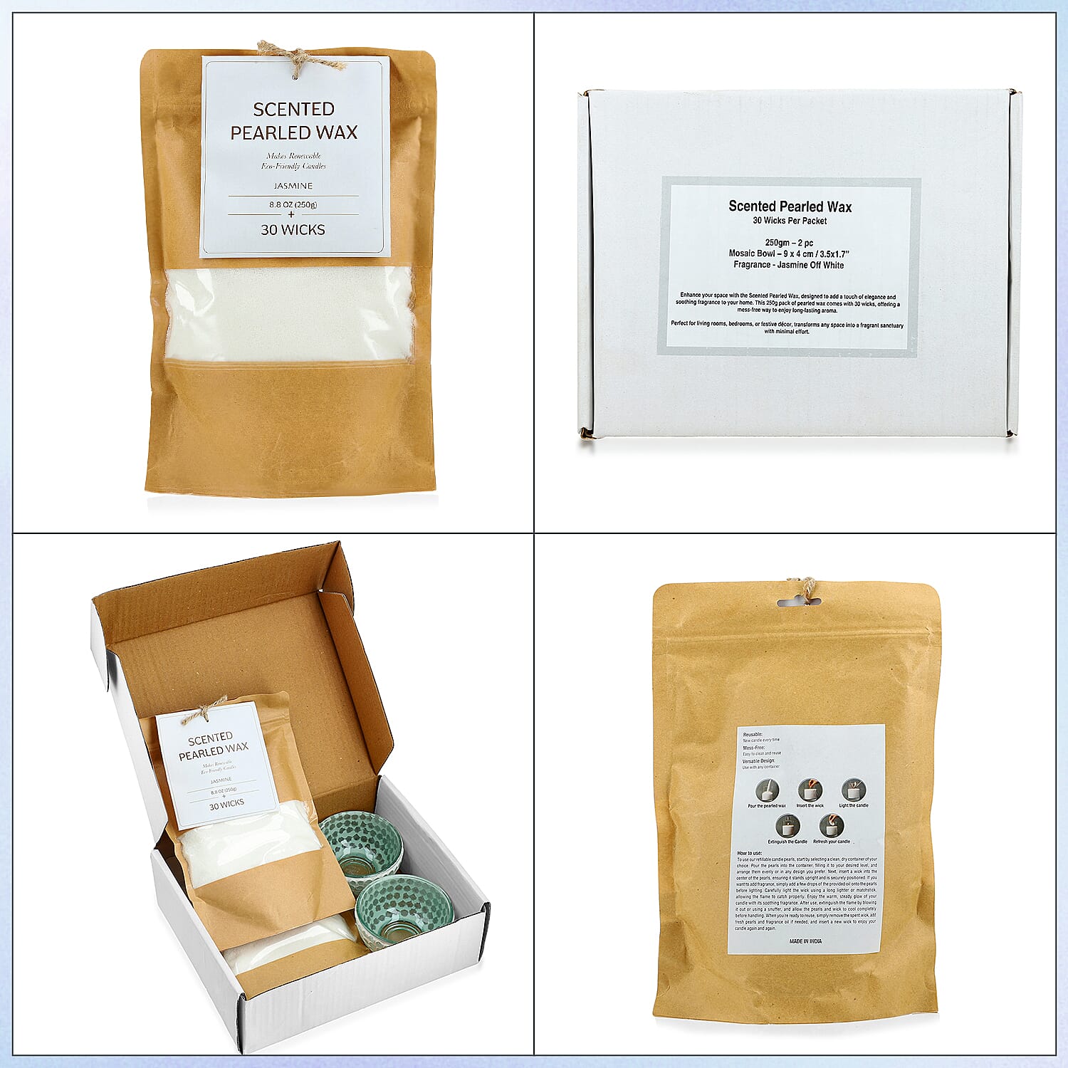 Candle Making Kit - 100% Plant-Based Pearled Wax, 30 Wicks, 2 Mosaic Bowls & Jasmine Fragrance