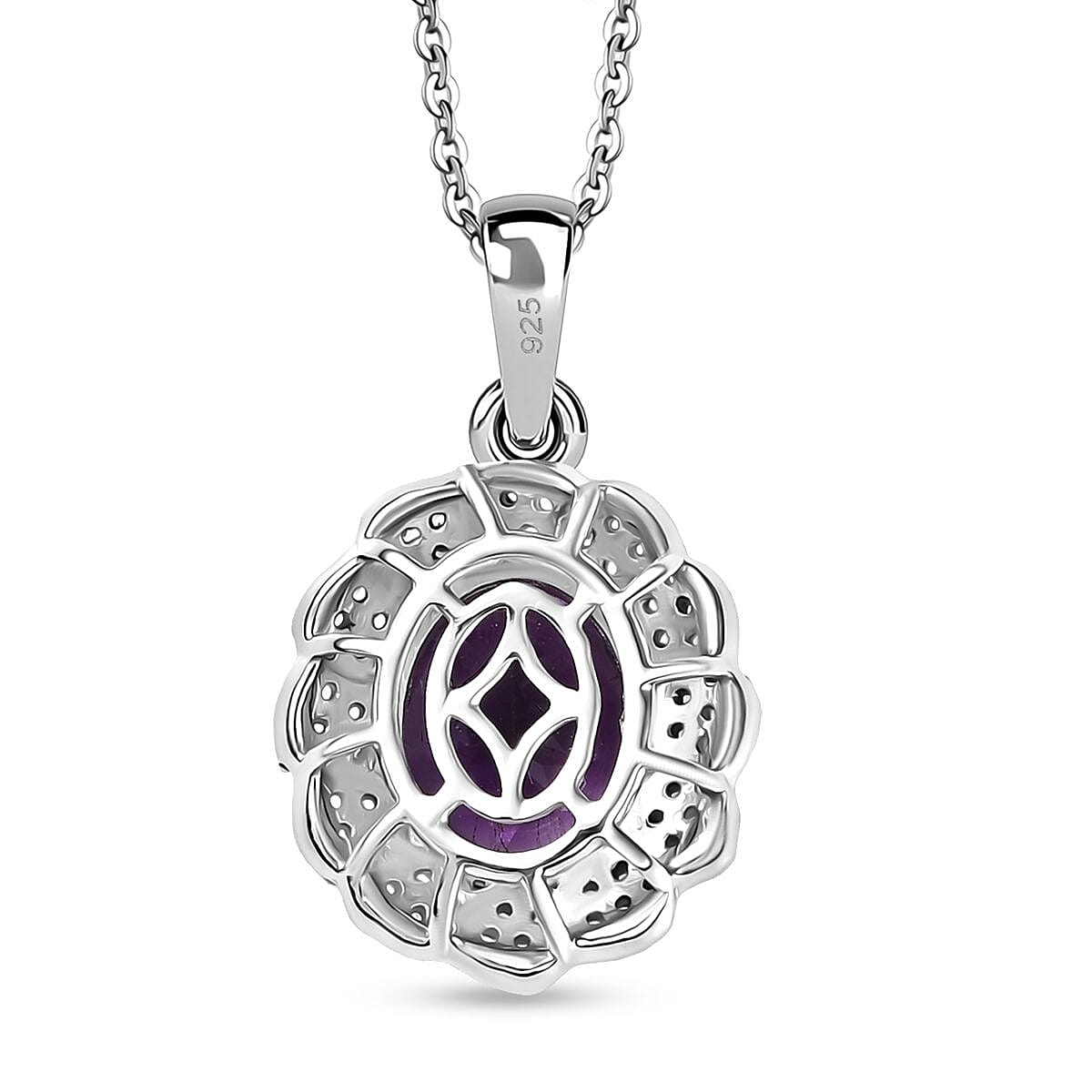 Moroccan Amethyst, White Zircon Pendant with Chain (Size 20) in Rhodium Overlay Sterling Silver 1.68 ct Silver Wt. 6.15 Gms 4.330 Ct. Moroccan Amethyst, White Zircon Pendant with Chain (Size 20) in Rhodium Overlay Sterling Silver 1.68 ct Silver Wt. 6.15 Gms 4.330 Ct.