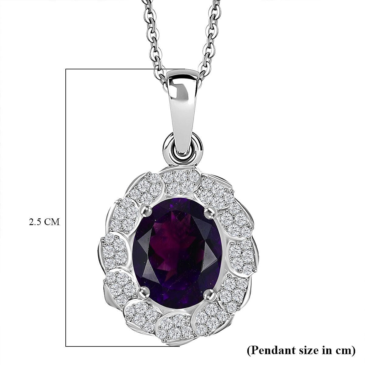 Moroccan Amethyst, White Zircon Pendant with Chain (Size 20) in Rhodium Overlay Sterling Silver 1.68 ct Silver Wt. 6.15 Gms 4.330 Ct. Moroccan Amethyst, White Zircon Pendant with Chain (Size 20) in Rhodium Overlay Sterling Silver 1.68 ct Silver Wt. 6.15 Gms 4.330 Ct.